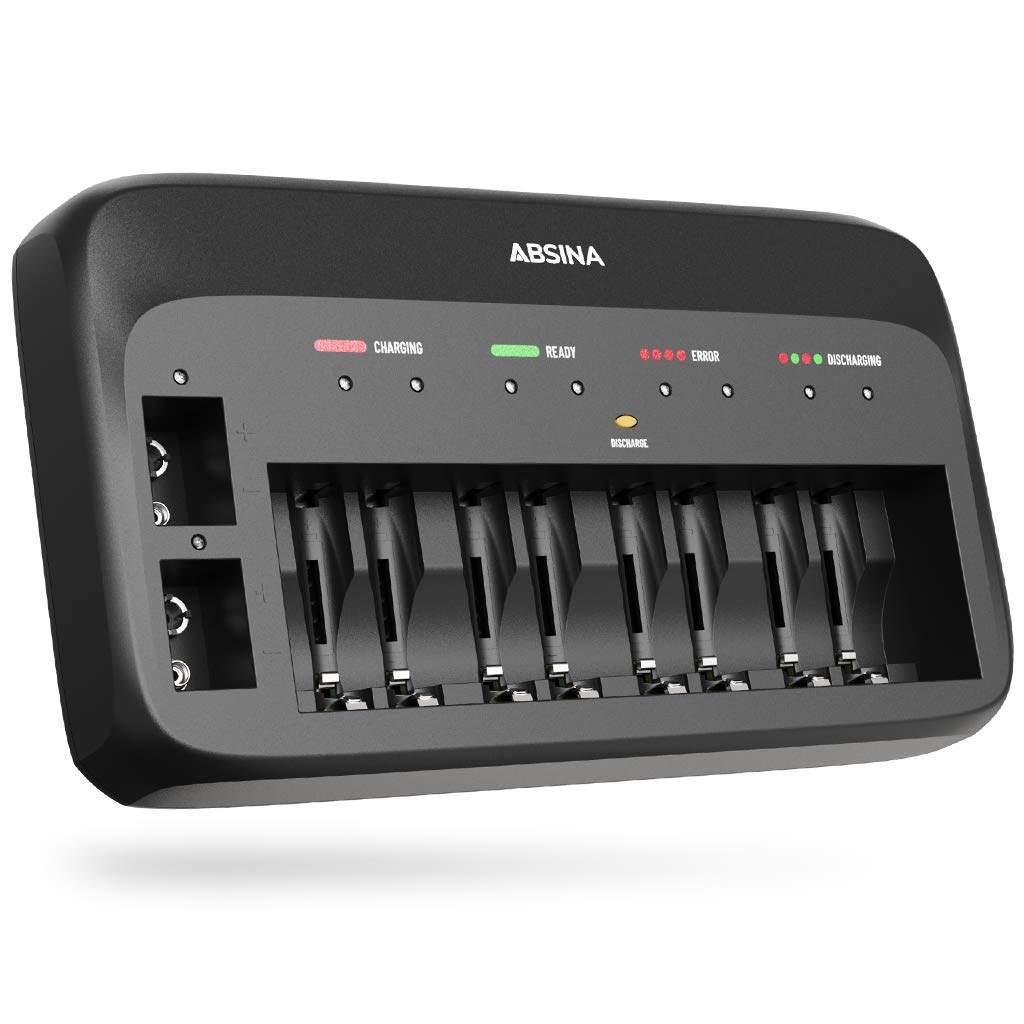 ABSINA X10 10-Slot Rechargeable Battery Charger for AA AAA 9V NiMH Batteries - Fast Charging for Micro AAA Cute AA & 9V Block Batteries - Perfect for Cameras Toys Flashlights and Electronics