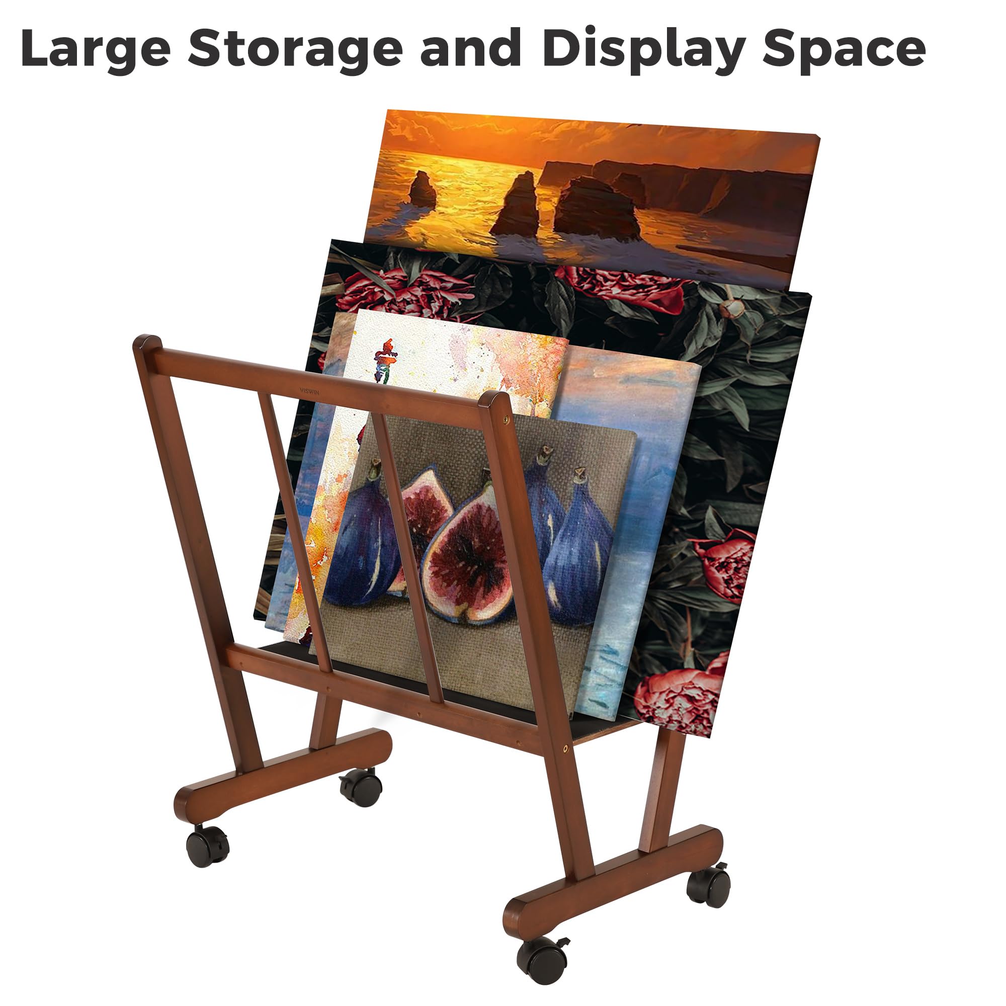 VISWIN Rolling Wooden Print Rack with Casters - Art Storage Organizer for Canvas, Artwork, Prints, Panels & Posters - Drying Rack for Artists, Galleries & Studios - Perfect for Art Shows, Exhibitions & Creative Workspaces