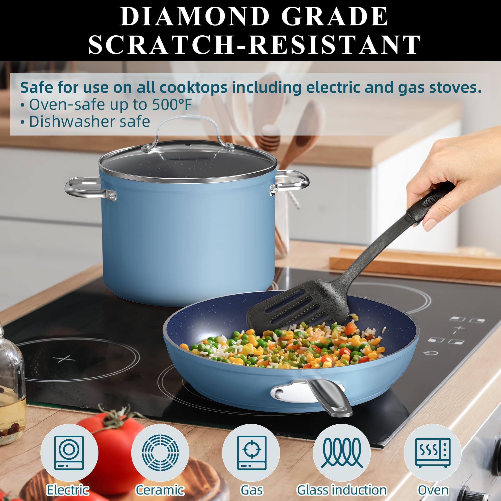 Nuwave 9-Piece Nonstick Cookware Set - Blue Ceramic Coated, Diamond Infused, Scratch Resistant & PFAS Free - Oven & Induction Safe with Tempered Glass Lids & Stay-Cool Handles - Perfect for Healthy Cooking, Frying, Baking & Meal Prep