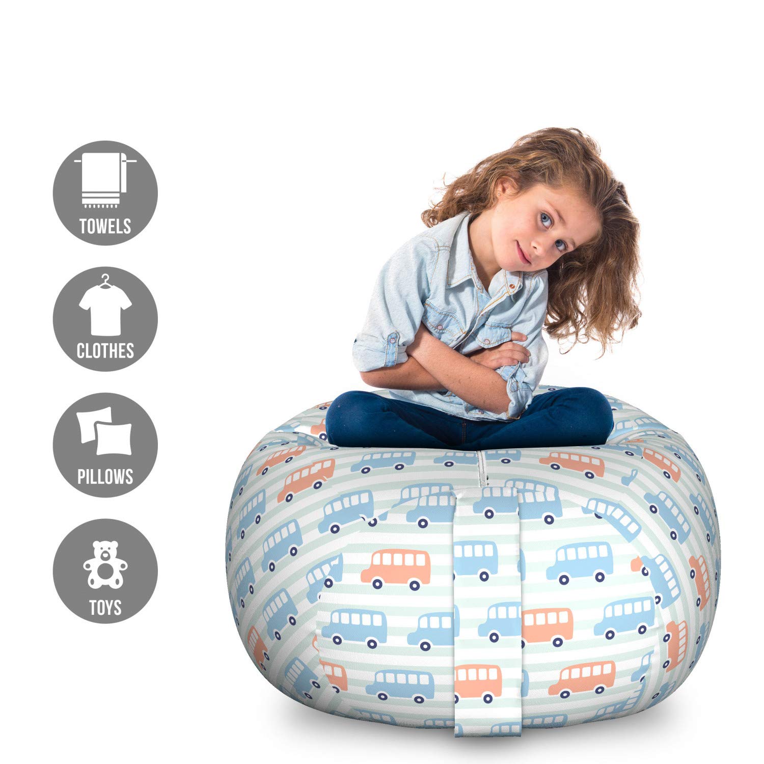 Ambesonne Cartoon Toy Storage Bag Chair - Horizontal Bus Design, Washable Stuffed Animal Organizer, Large Size in Cadet Blue & Peach | Kids Room Decor, Playroom Organization, Nursery Storage Solution