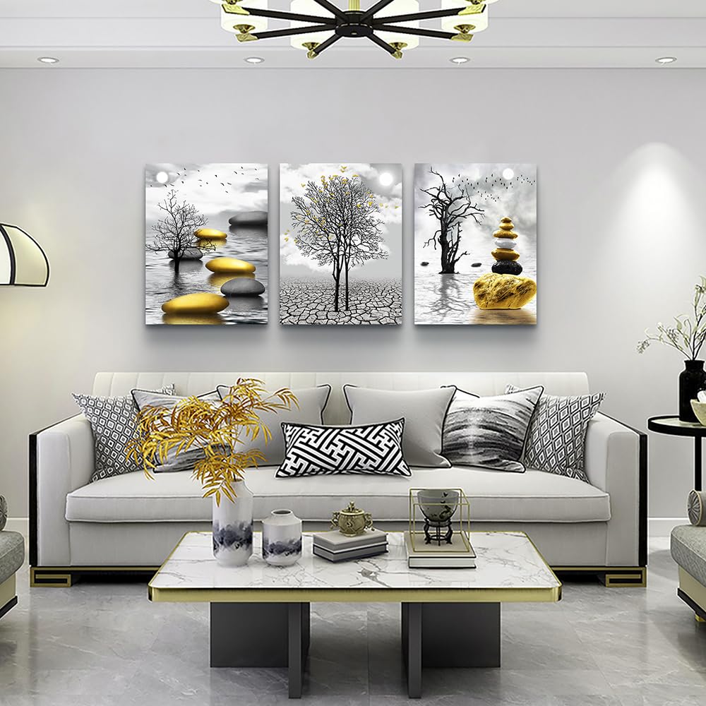 Modern Black and White Canvas Wall Art Set - 3 Piece Yellow Landscape Painting Prints for Living Room, Bedroom & Office Decor | Inspirational Home Wall Decor for Modern Interiors