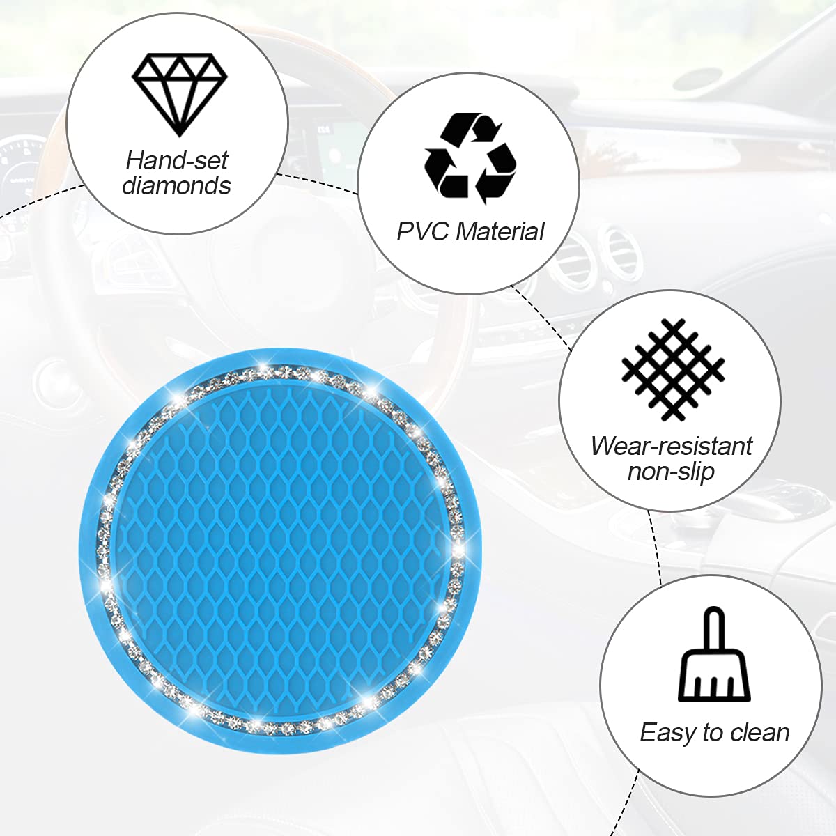 2-Pack Crystal Rhinestone Car Cup Holder Coaster - 2.75 Inch Universal Cup Insert for Cars, SUVs & Vehicles - Blue Car Interior Accessories - Perfect for Road Trips, Commuting & Daily Driving