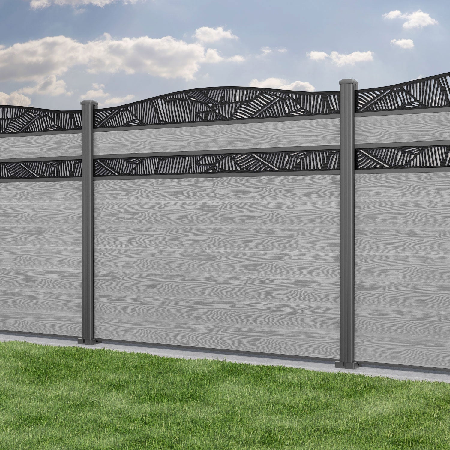Classic Feather Curved Top Split Screen Fence Panel - Light Grey Aluminum Privacy Fence with Durable Posts | Perfect for Backyard, Garden, and Patio Privacy Screening