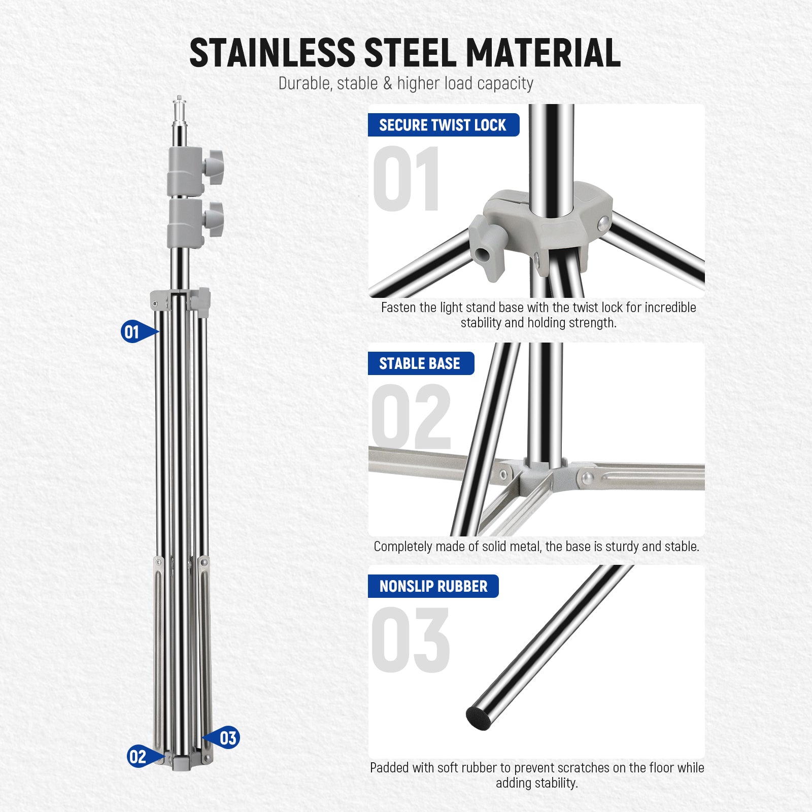 NEEWER ST 190SS Upgraded 190cm Heavy Duty Stainless Steel Light Stand for Photography, Video Studio, YouTube Content Creation - Professional Lighting Equipment for Indoor & Outdoor Shooting