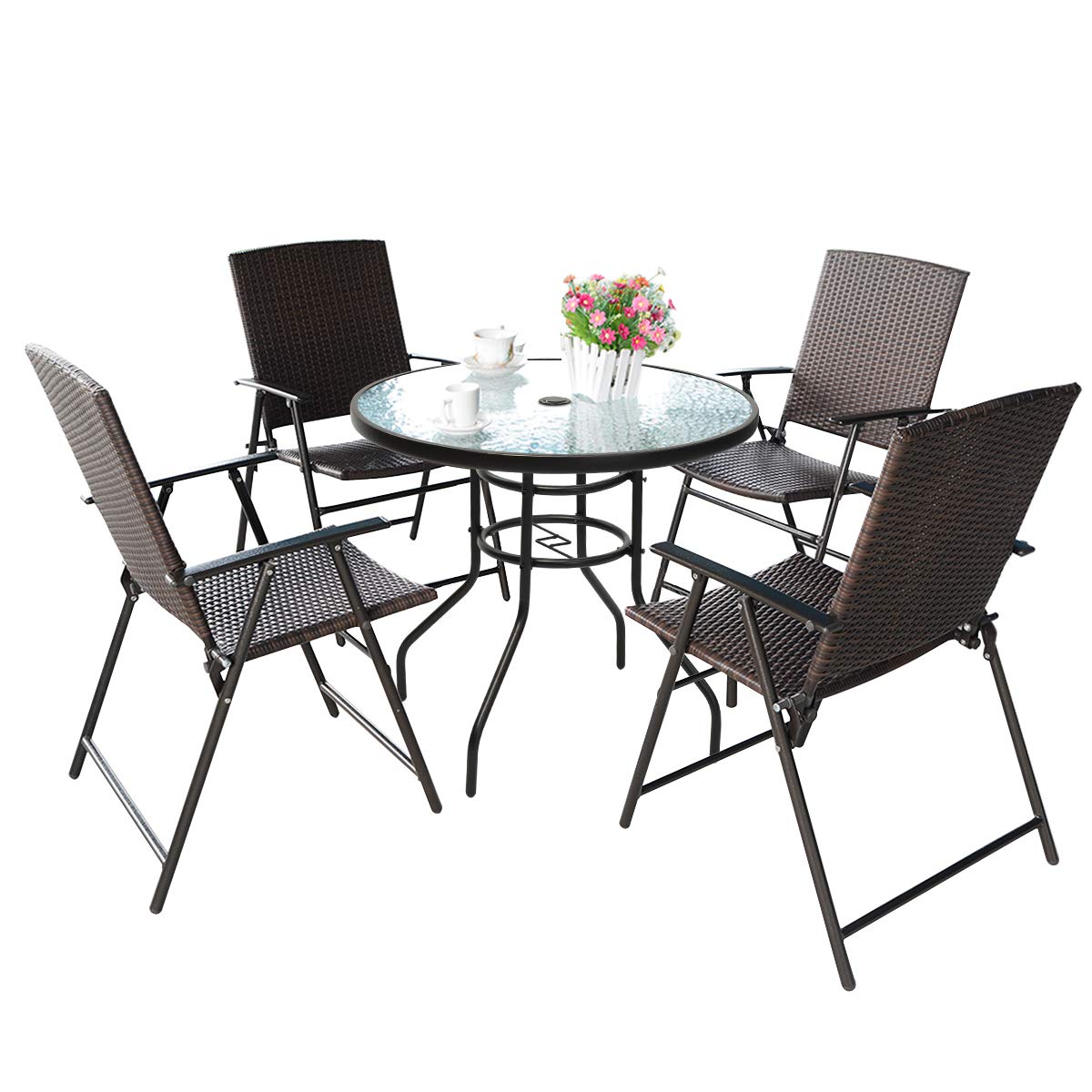 SAFSTAR 5-Piece Patio Dining Set - 4 Folding Wicker Chairs with 28