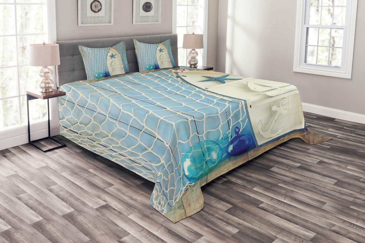 Ambesonne Nautical Bedspread Set - Vintage Boat, Starfish & Shell Design on Wooden Backdrop - 3-Piece King Size Blue White Bedding with 2 Pillow Shams | Perfect for Coastal, Beach House & Nautical Theme Bedrooms