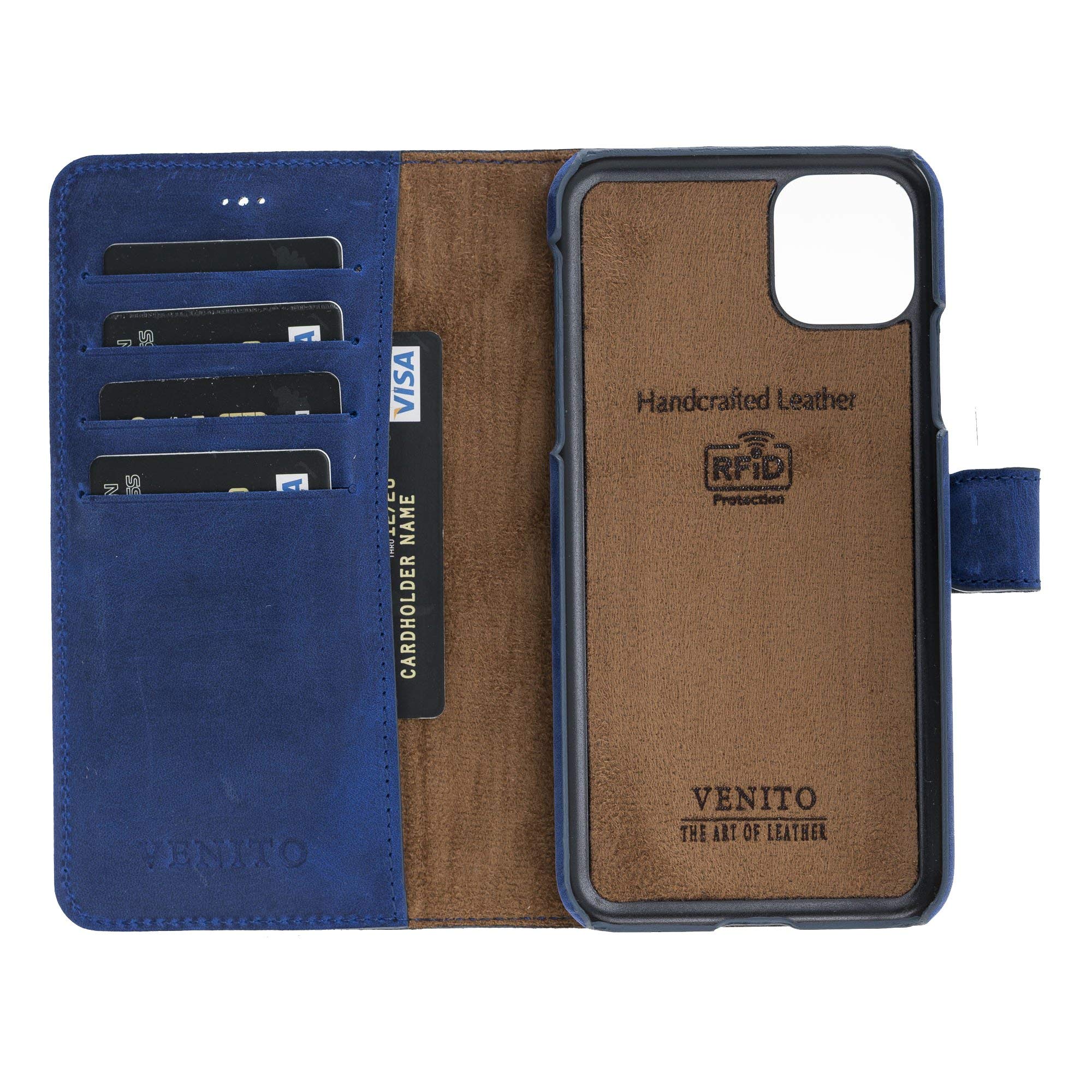 Venito Florence Genuine Leather Wallet Phone Case for iPhone 12 Pro Max (6.7 inch) - RFID Blocking Protection - Detachable Magnetic Wallet - Perfect for Travel, Work & Everyday Use (Antique Dark Blue)