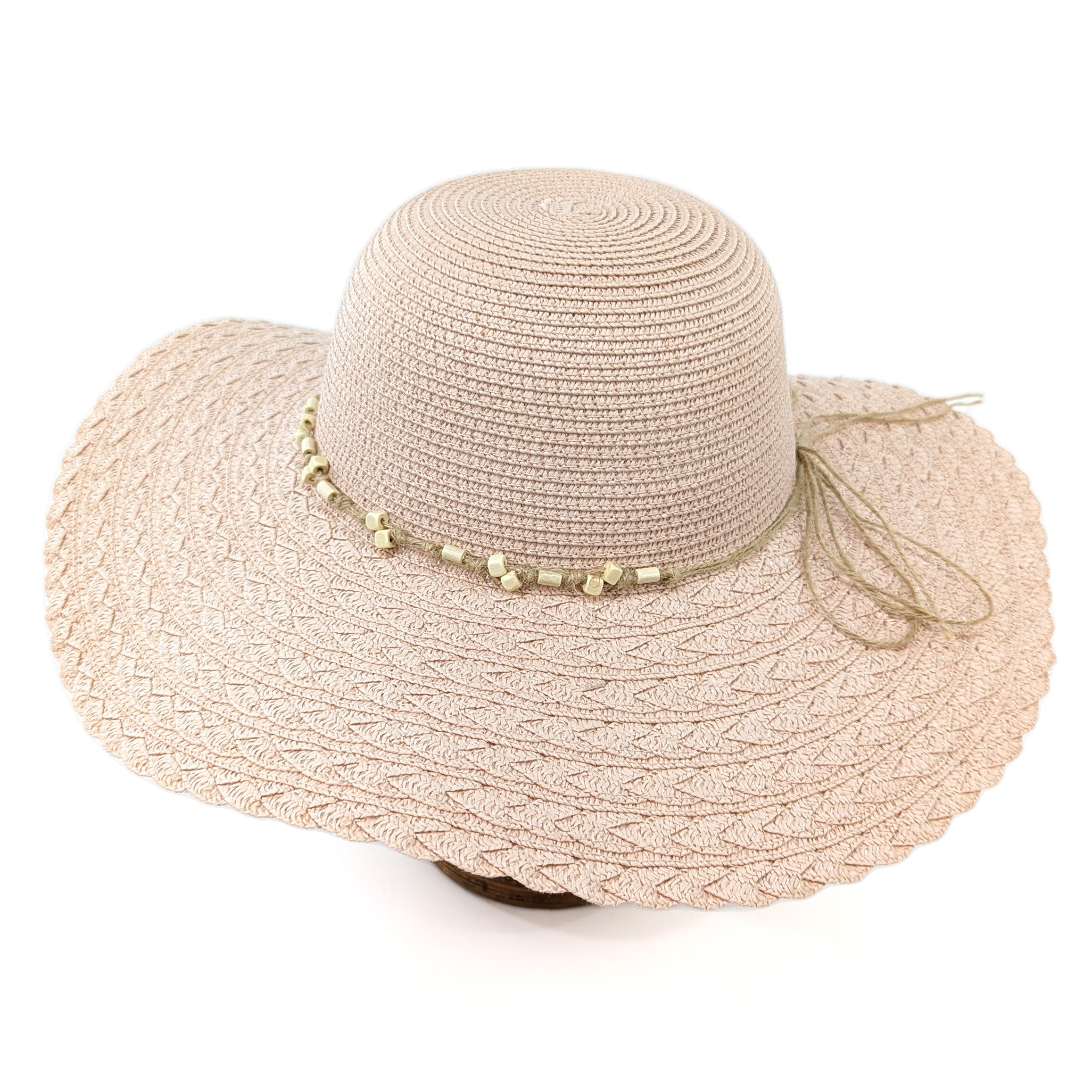 Foldable Wide Brim Sun Hat with Pink Beaded Band (57cm) - UPF 50+ UV Protection for Women, Travel, Beach & Outdoor Activities