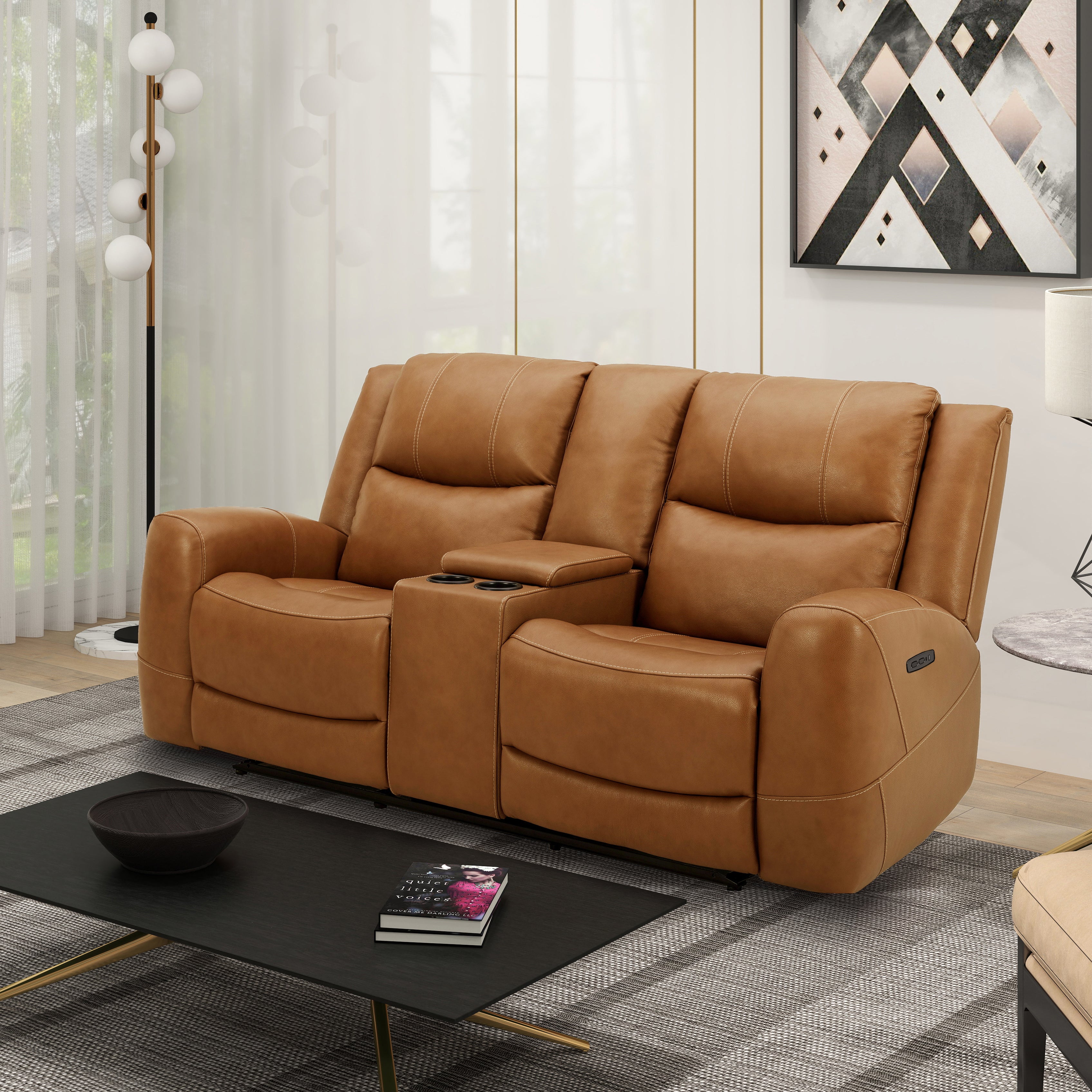 Roundhill Furniture Cozura Genuine Leather Power Reclining Loveseat with Console - Dual Motor, USB Charging & Cup Holders - Perfect for Living Room, Home Theater & Family Gatherings