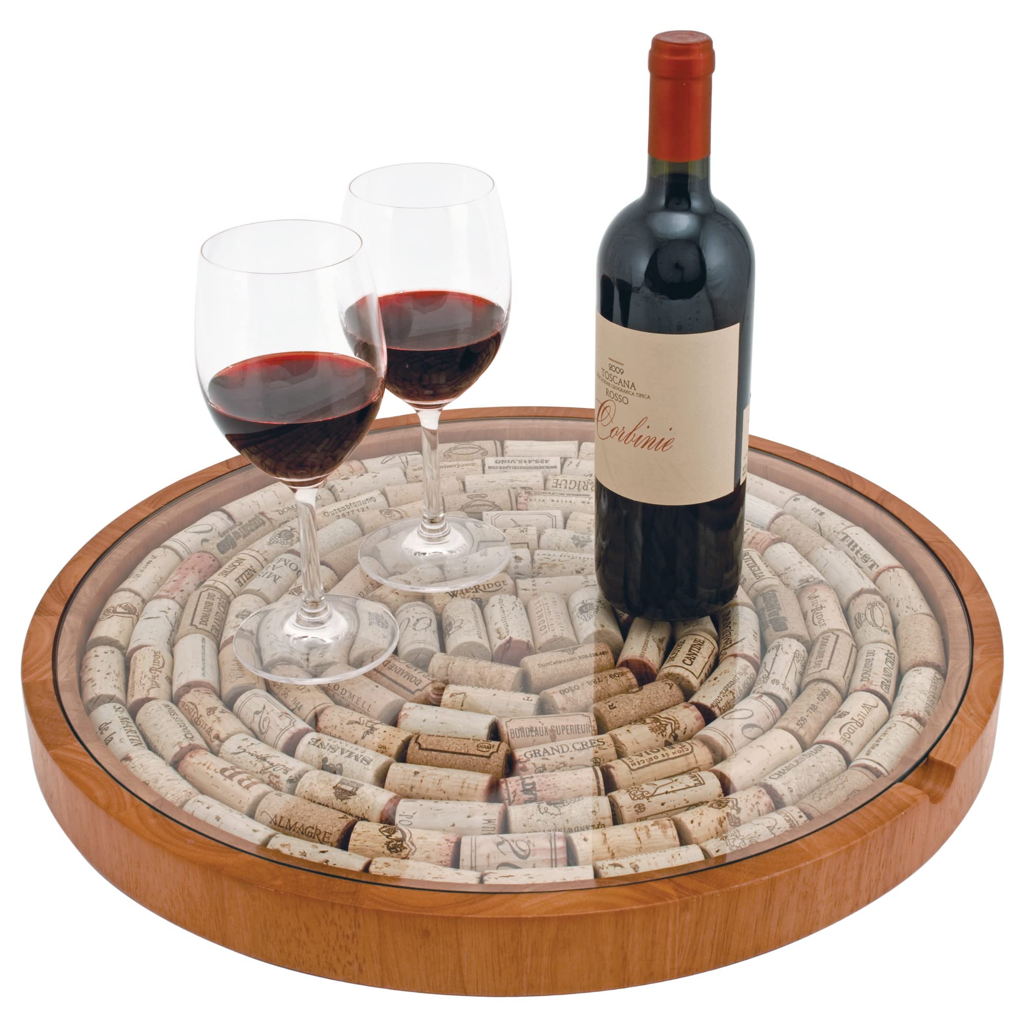 True Wine Cork Collector Lazy Susan Turntable - Wooden & Glass Storage Organizer Holds 130 Corks - Perfect for Kitchen Countertops, Bars, and Wine Cellars - Set of 1