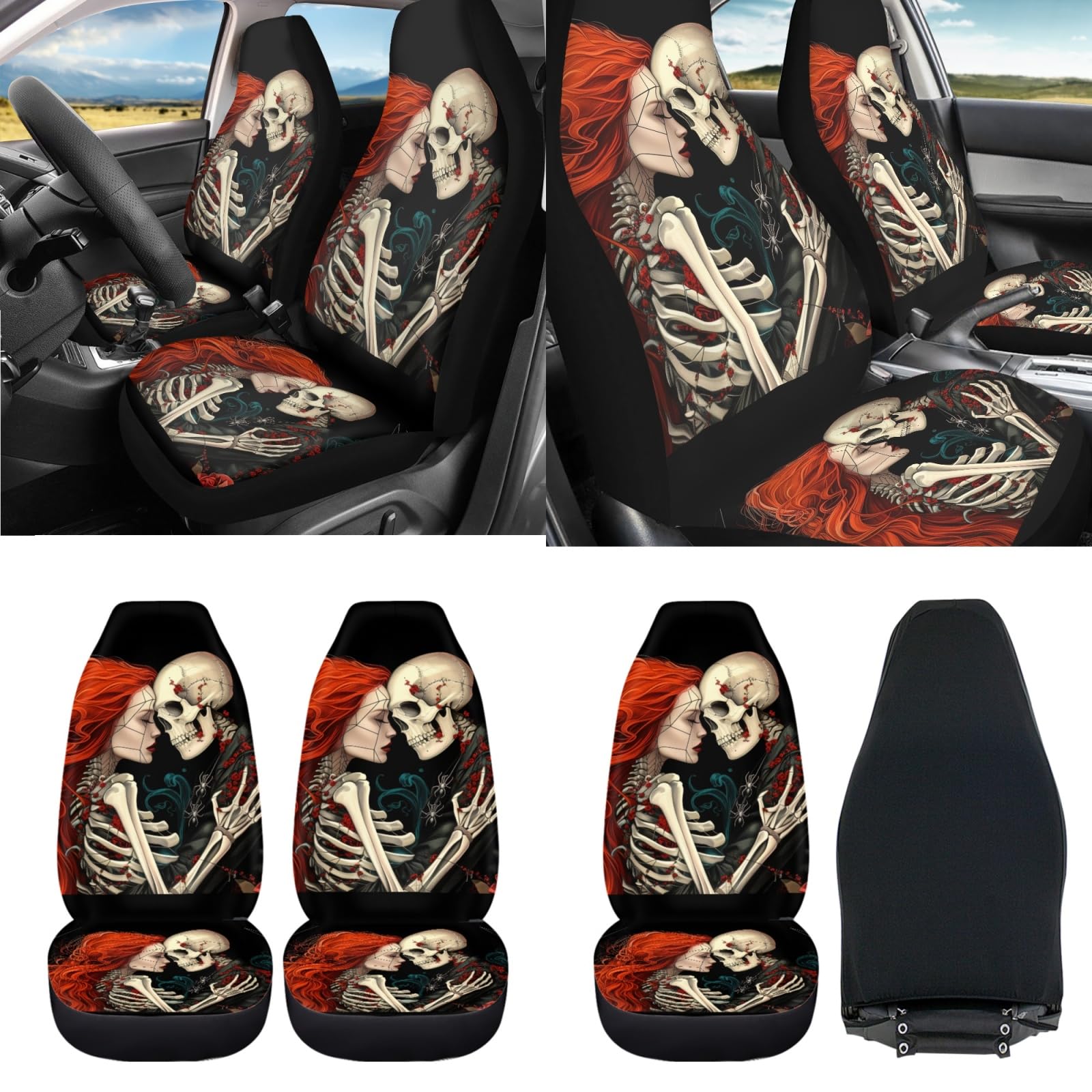 Scary Skull Skeleton Halloween Car Seat Covers Set - 5 Piece Universal Fit Auto Interior Accessories with Steering Wheel Cover & Seatbelt Pads for Most Vehicles | Perfect for Halloween Decorations, Themed Parties & Spooky Car Rides