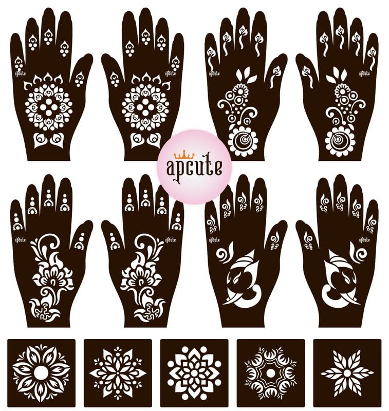 APCUTE Henna Tattoo Stickers Set of 13 Pieces | Temporary Mehndi Stencils for Full Hand Designs - Easy 4-Step Application for Women & Girls | Perfect for Weddings, Festivals & Parties (Designs 13pc-104-130-154-167)