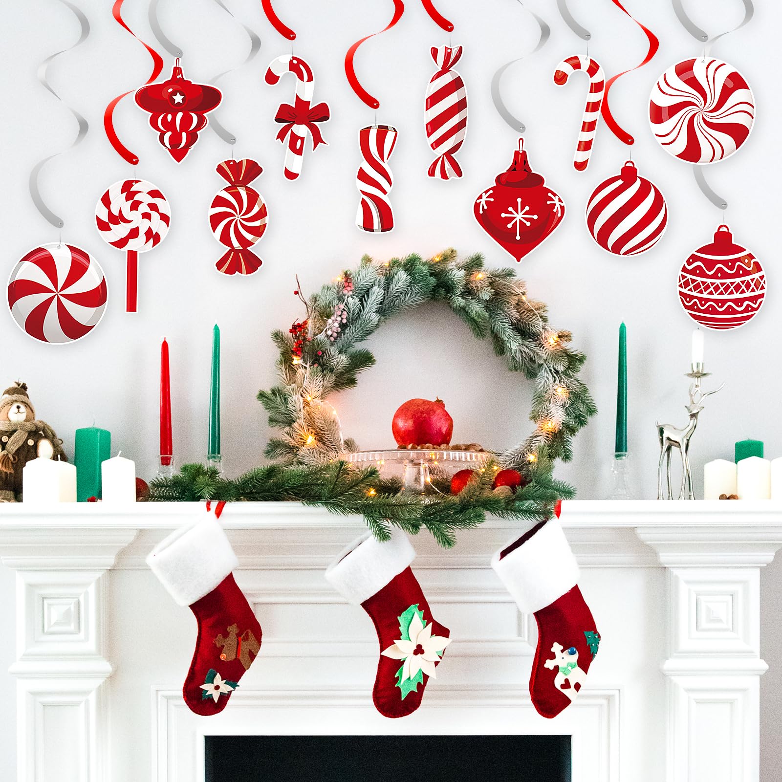 24 Pcs Red and White Christmas Candy Cane Hanging Decorations - Peppermint Swirl Lollipop Ornaments for Ceiling, Streamers for Candy Land Theme, Winter Holiday & Xmas Party Decor - Perfect for Home, Office, and Classroom Christmas Decorations