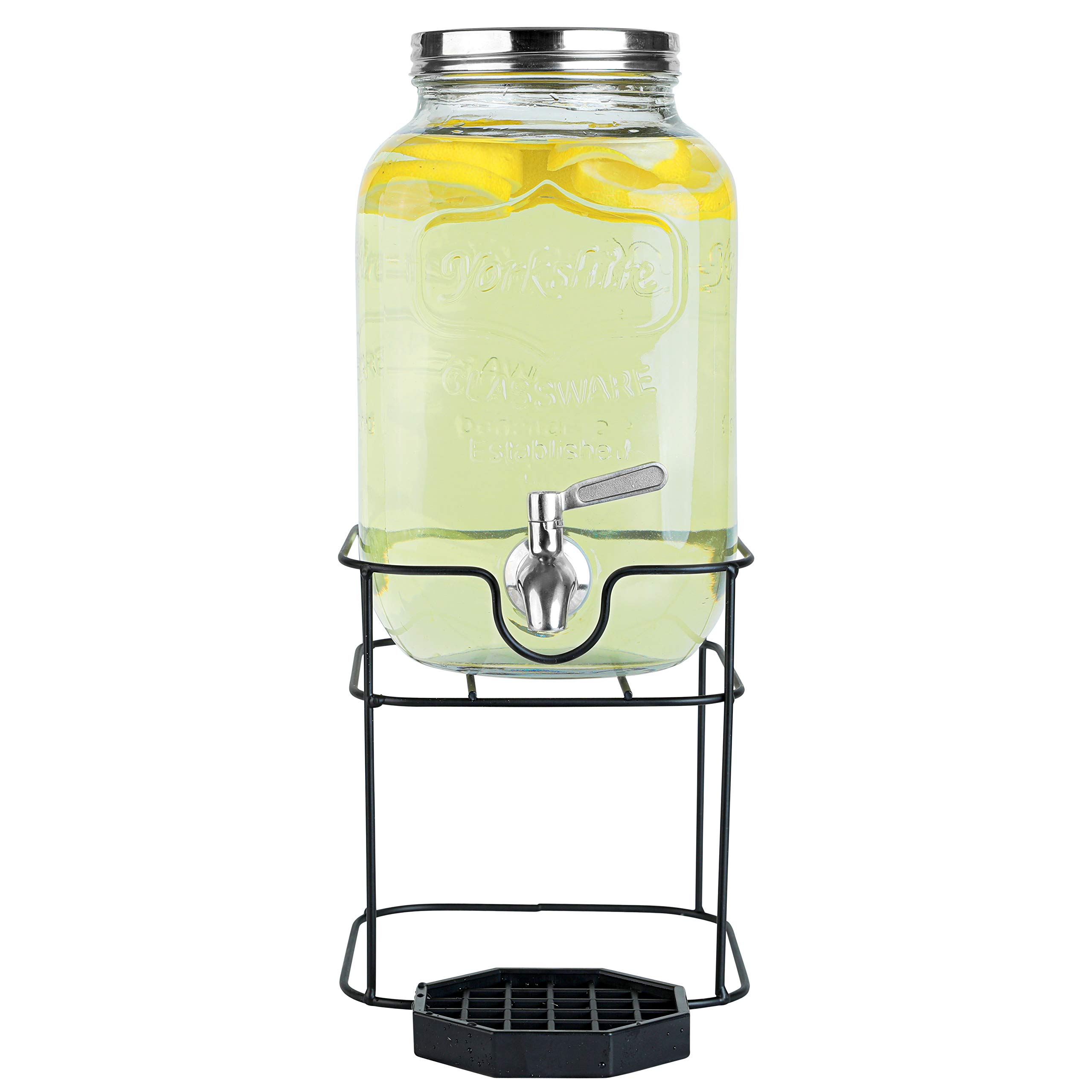 1 Gallon Glass Beverage Dispenser with Stainless Steel Spigot & Metal Stand - Large Mason Jar Drink Dispenser for Parties, Weddings, BBQs, Sun Tea, Iced Tea, Kombucha - Perfect for Outdoor Events, Catering & Home Entertaining