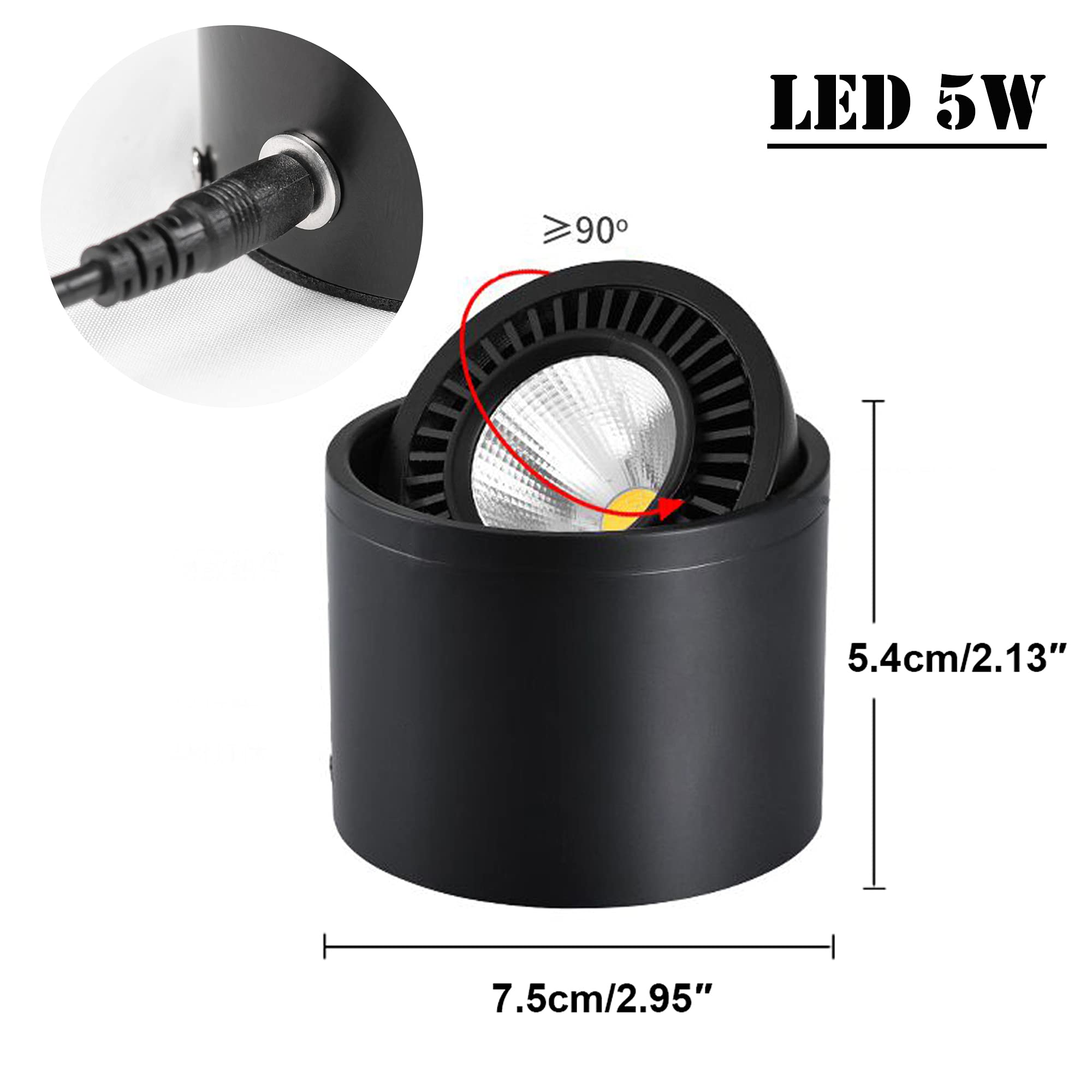 5W Dimmable COB LED Barrel Spotlight - Black Accent Uplight with 4.4ft On/Off Dimmer Switch & Rotating Head - Perfect for Gallery Lighting, Exhibition Displays, Loft Decor & Home Accent Lighting