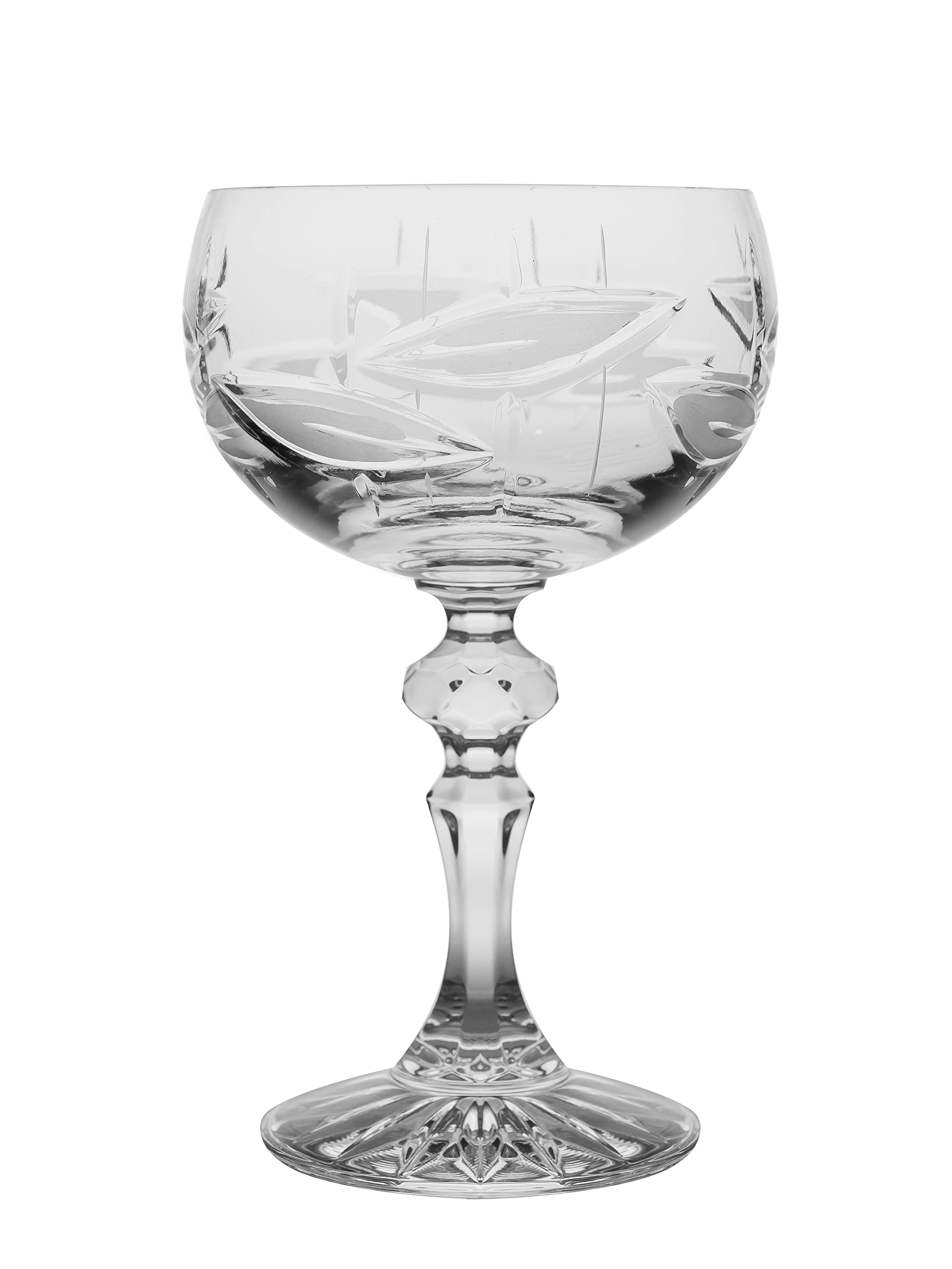 Premium Barski Champagne Glass Set - 6 Elegant Flute, Saucer & Belle Coupe Crystal Glasses (6.5oz Each) - Hand-Cut Frosted Leaf Design - European Made - Perfect for Weddings, Parties & Romantic Dinners
