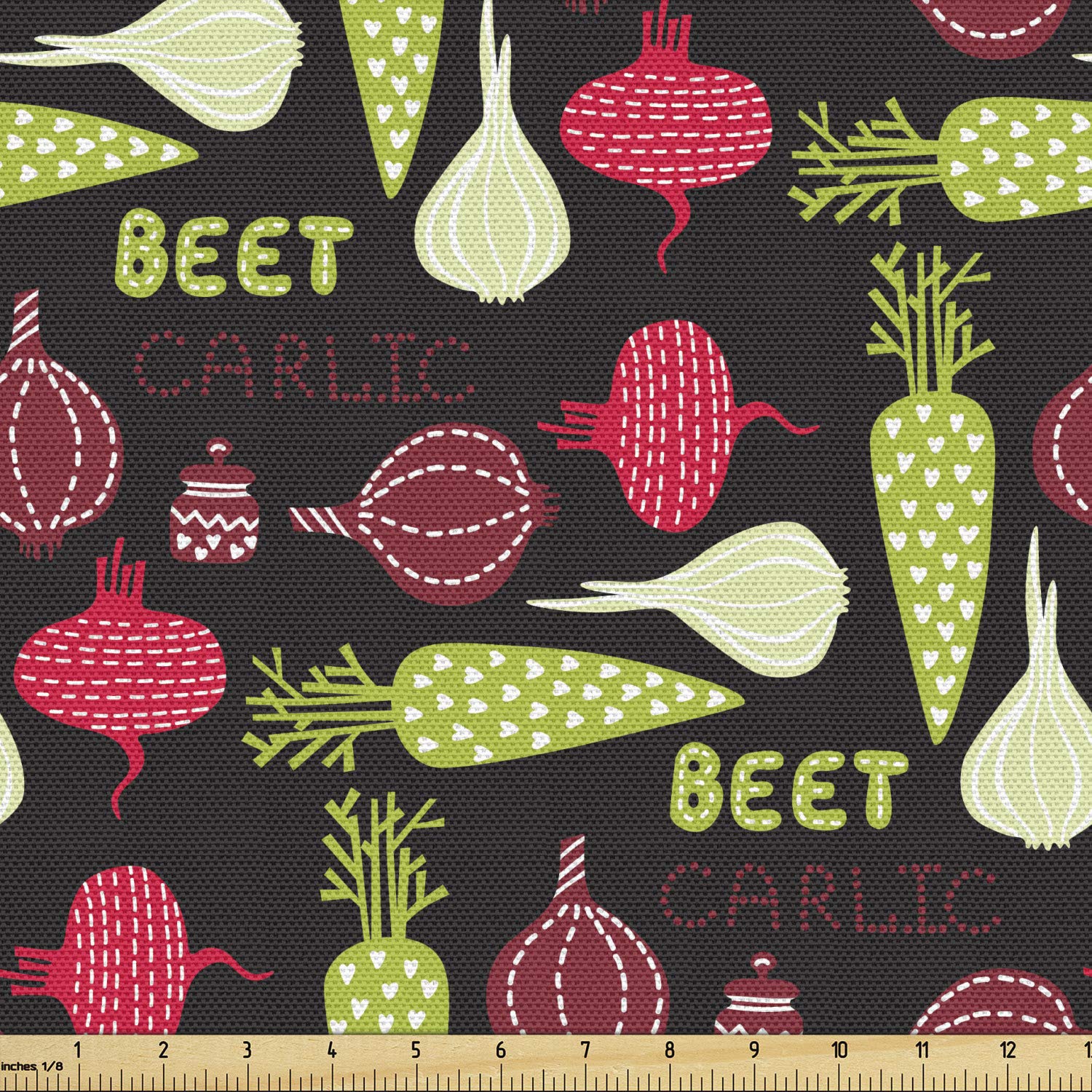 Ambesonne Vegetable Print Fabric by The Yard - Onion, Pepper & Garlic Pattern on Dark Background with Dashed Lines & Hearts - 10 Yards Multicolor Upholstery Material for Sofa, Curtains, Pillows & Home Decor