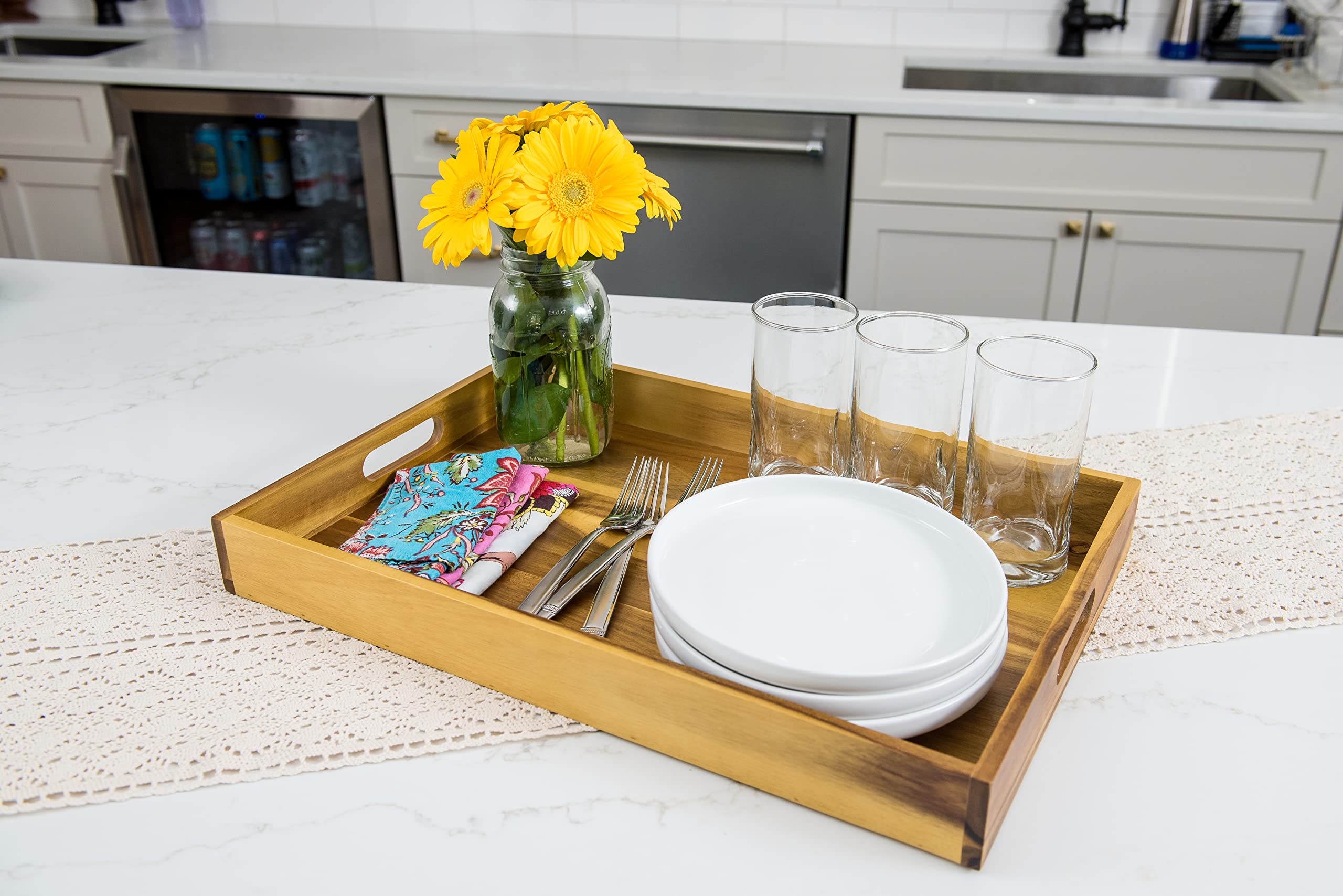 Lipper International 1295 Acacia Wood Large Serving Tray with Cut-Out Handles - 20.5