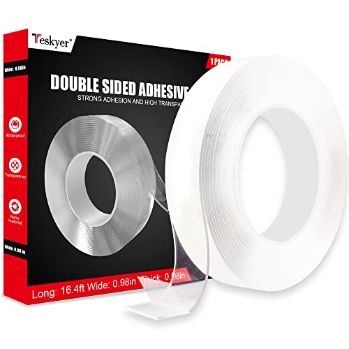 Teskyer Heavy Duty Double Sided Tape - Strong Adhesive Multipurpose Mounting Tape - Removable & Reusable Clear Tape (16.4ft Roll, 0.98in Width) - Perfect for Hanging Pictures, Home Decor, Wall Hooks & DIY Projects