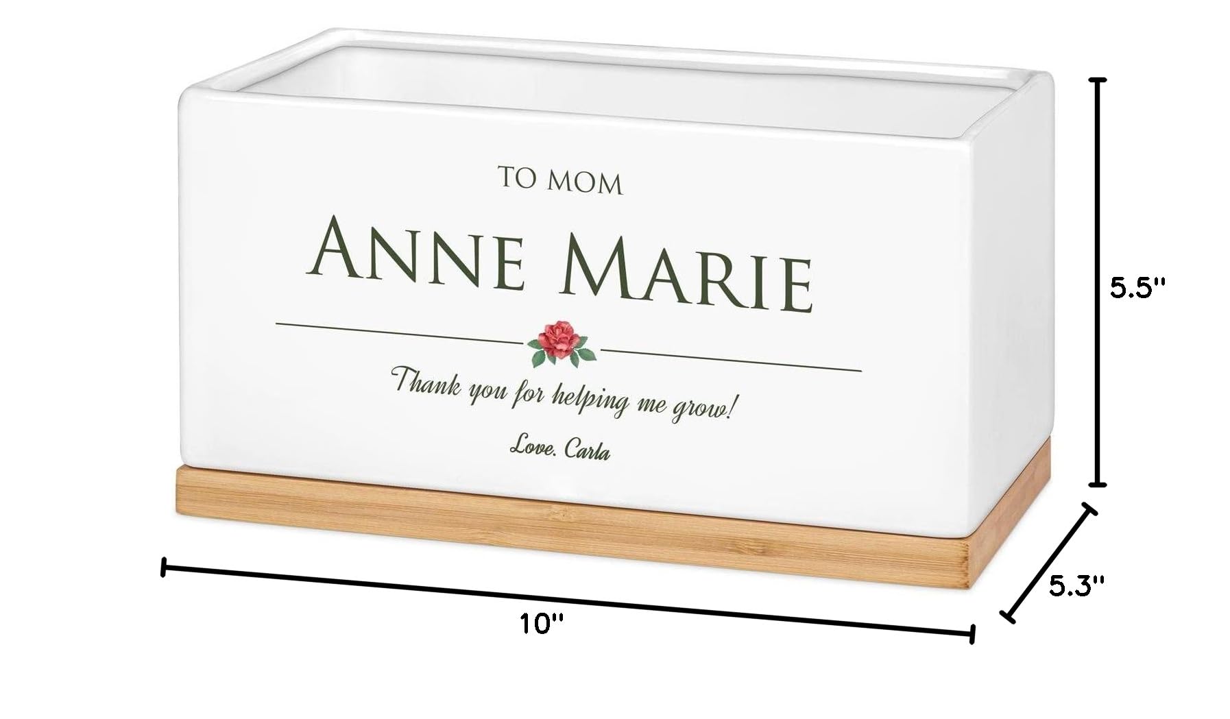 Maverton Ceramic Planter Pot with Bamboo Tray - Elegant Floral Overprint Flower Pot for Women - Houseplant Accessories & Custom Jewelry Gift Box - Perfect for Birthday, Home Decor, Office Desk, and Indoor Plants (Rose Design)