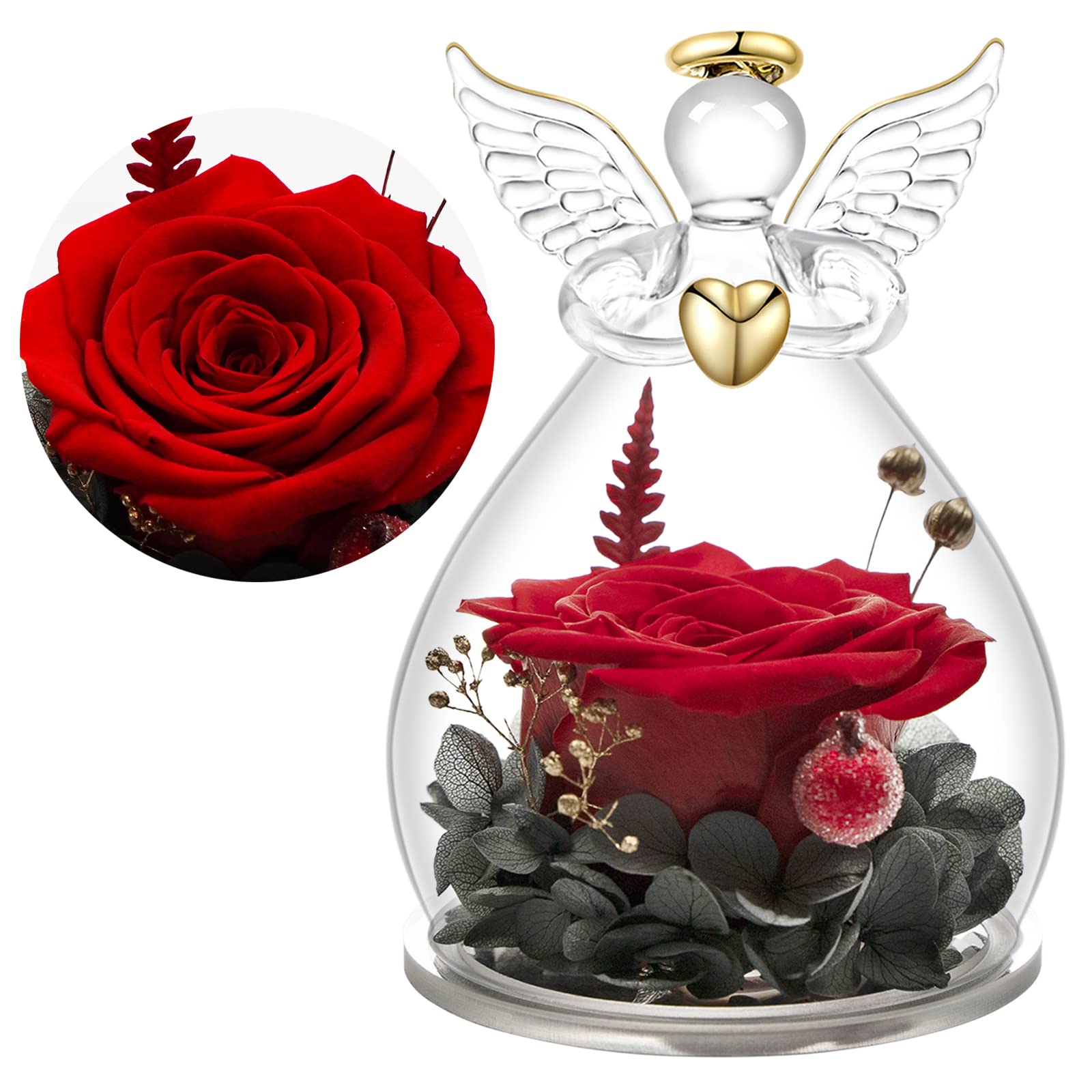 Yamonic Angel Figurines with Preserved Real Roses - Romantic Birthday Gifts for Women, Mom, Wife | Valentine's Day, Anniversary & Special Occasion Present | Home Decor, Wedding Centerpiece & Keepsake (Red)