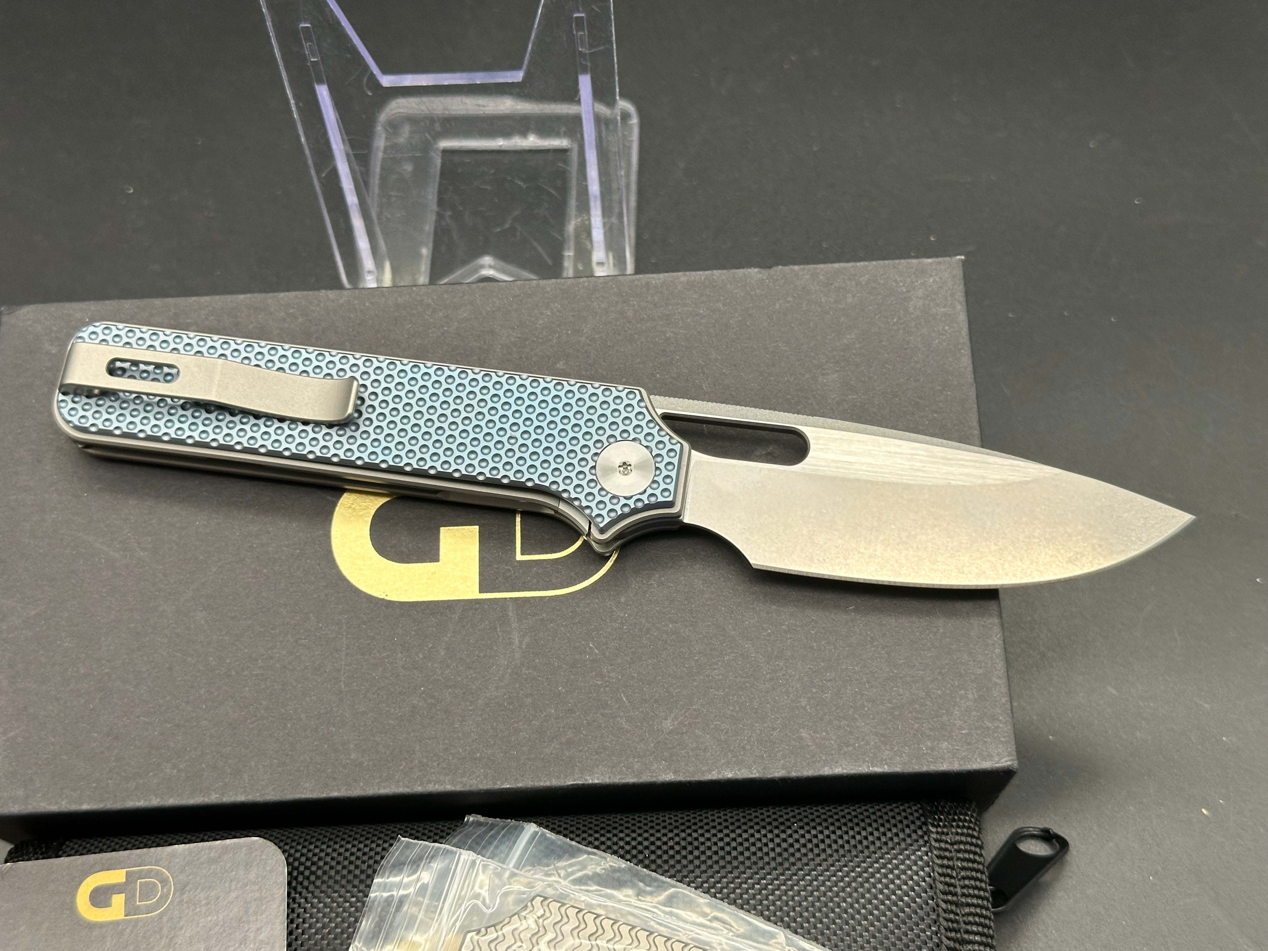 Premium M390 Steel Folding Knife with Blue Dimple Titanium Handle - EDC Pocket Knife for Outdoor, Camping & Everyday Carry