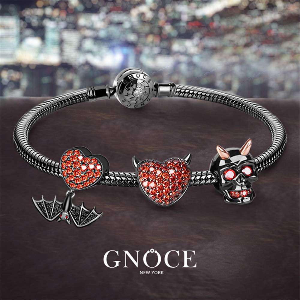 GNOCE 925 Sterling Silver Snake Chain Bracelet with Skull, Heart & Bat Charms - Adjustable Bangle for Women & Men | Gothic Jewelry for Everyday Wear, Parties & Gifts