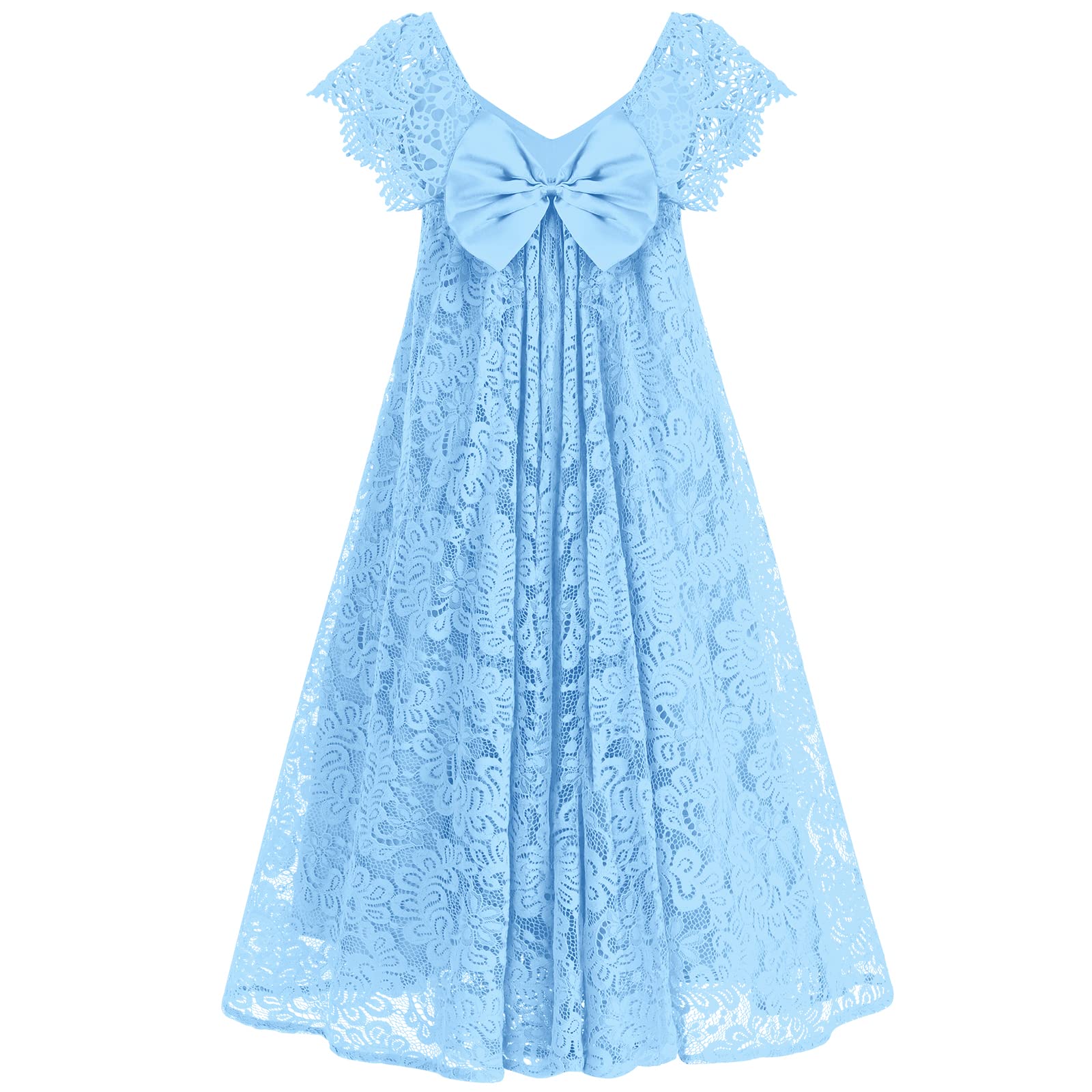 IWEMEK Lace Flower Girls Boho Dress - V Back Fly Sleeves Eyelash Lace Maxi Gown for Junior Bridesmaid, Wedding Party, Pageant, Dance, Communion, Birthday, Formal Occasions Light Blue 4-5 Years