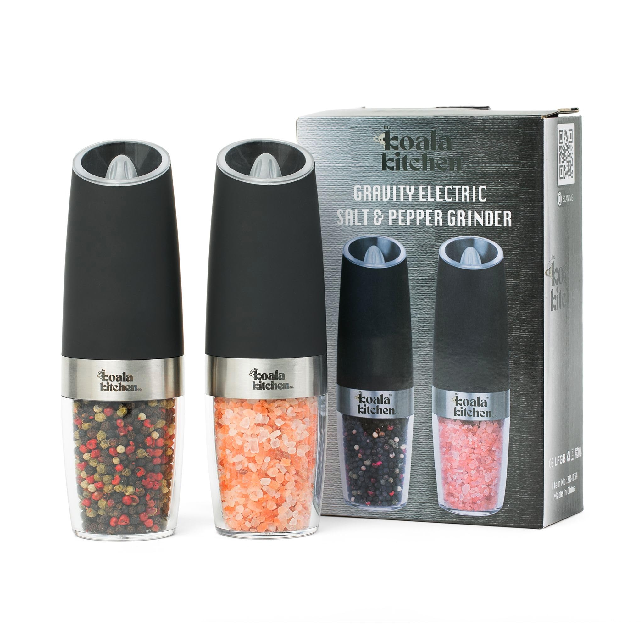 Premium Stainless Steel Electric Salt and Pepper Grinder Set - Adjustable Coarseness, Battery Operated with Blue Light - 2 Pack (Black) for Kitchen, Dining Table, Camping & Gifts
