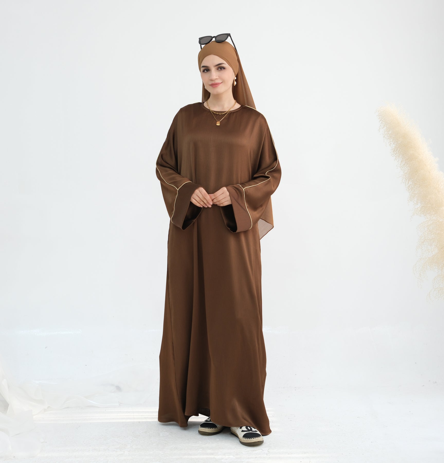 Elegant Ayana Textured Piping Detail Abaya Dress - Bronze Color for Women | Perfect for Islamic Prayer, Mosque Visits & Special Occasions