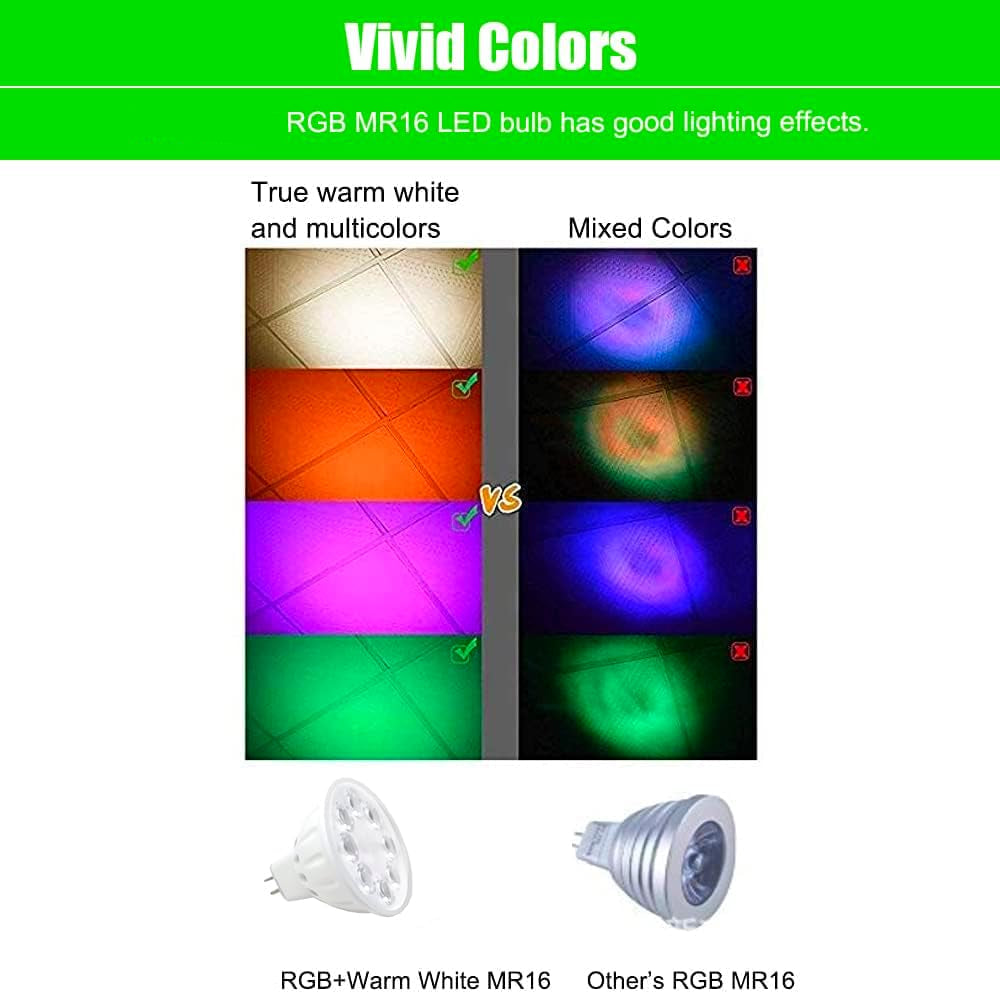 MR16 RGB + Warm White LED Bulb 5W, 15 Colors & 4 Brightness Levels, 12V Energy Saving Color Changing Light with Remote - Perfect for Outdoor Landscape, Garden, and Patio Lighting