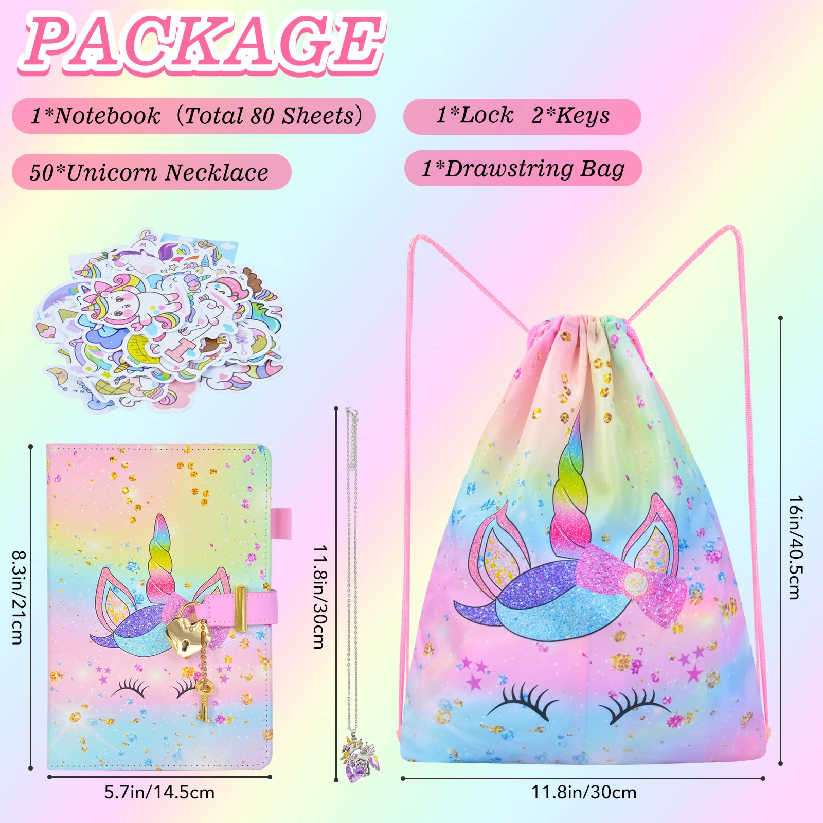 Girls Unicorn Diary with Lock & Key Set - Journal Notebook, Drawstring Bag, Stickers & Necklace - Perfect for Birthday Gifts, Secret Keeping & Creative Writing | Cute Unicorn Theme for Kids & Teens