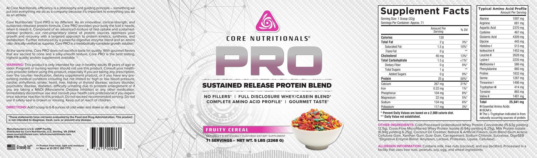 Core Nutritionals Pro Sustained Release Protein Powder - 25G Protein, 2G Carb, Digestive Enzyme Blend, 71 Servings (Fruity Cereal Flavor) | Post-Workout Recovery & Meal Replacement for Athletes