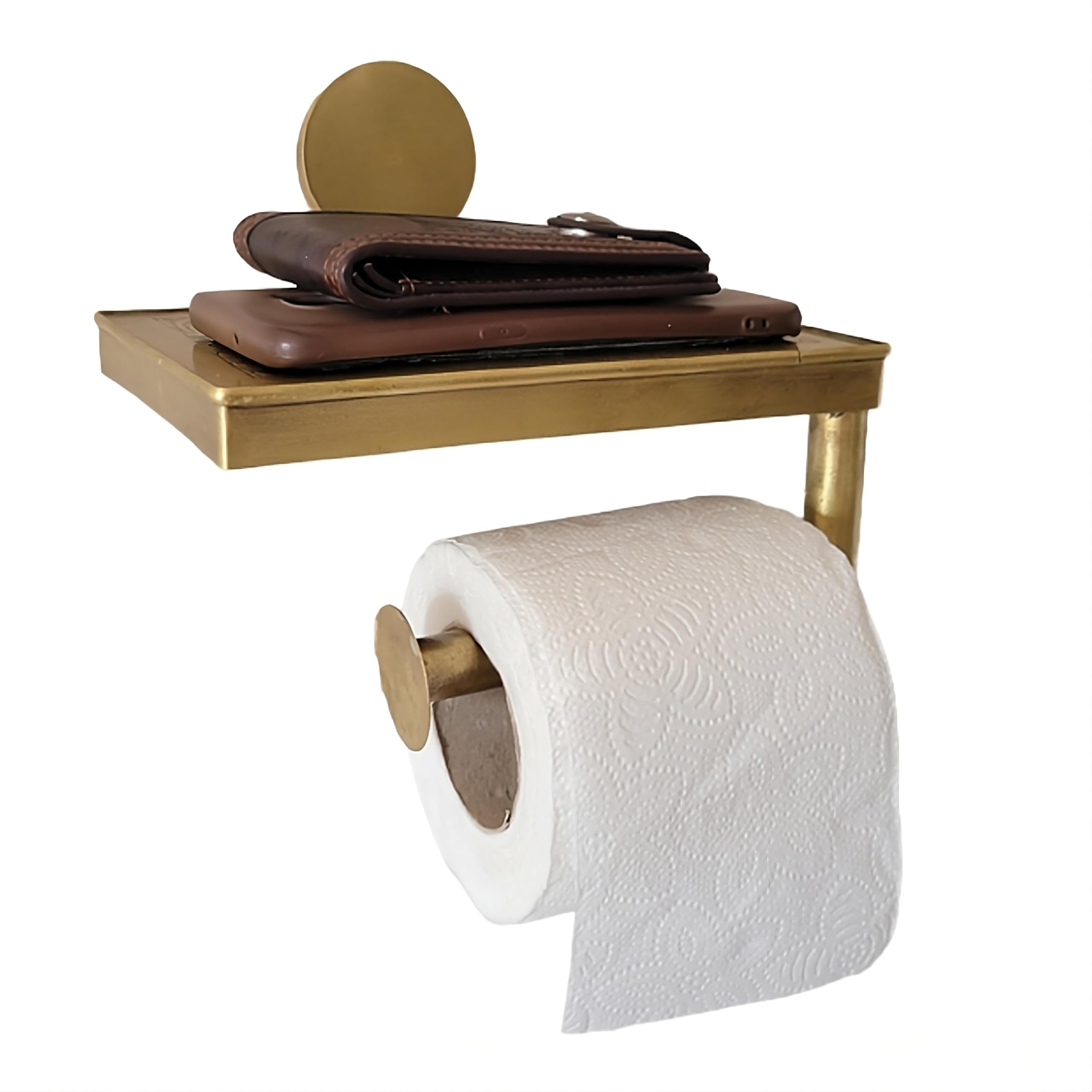 Solid Brass Toilet Paper Holder - Handmade Unlacquered Wall Mounted Bathroom Tissue Roll Holder with Shelf - Vintage Bathroom Accessory for Modern & Farmhouse Decor