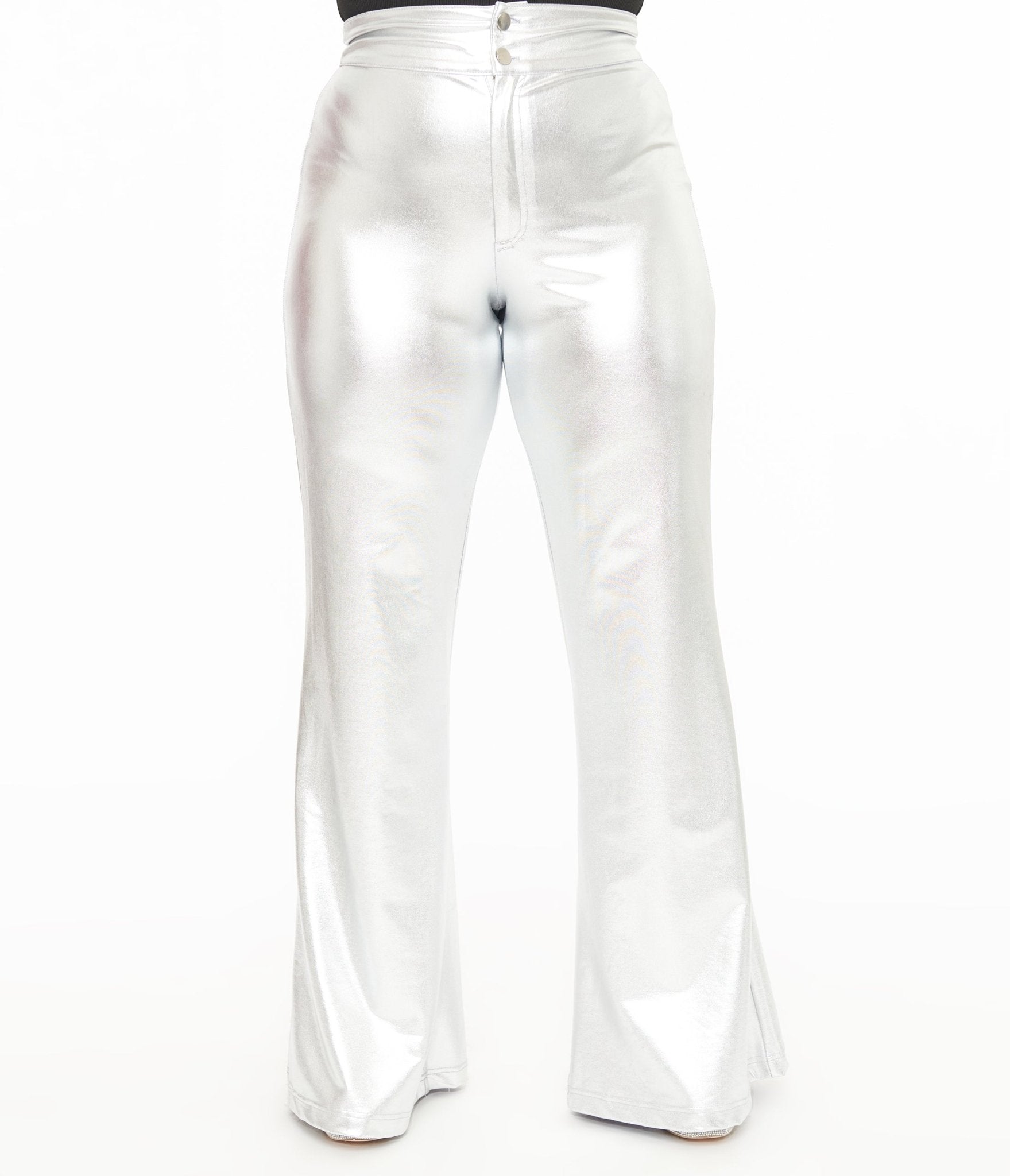 Smak Parlour 1960s Retro Metallic Silver High Waist Flare Pants - Vintage Style Women's Trousers for Party, Disco & 70s Theme Outfits