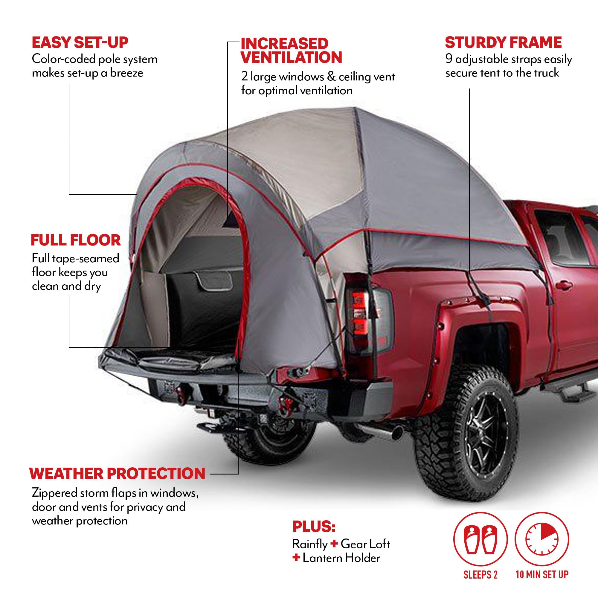 Napier Backroadz Truck Bed Tent - Waterproof, Spacious 2-Person Camping Tent for Full Size & Long Truck Beds | Durable, Comfortable Outdoor Shelter for Road Trips & Adventure Camping
