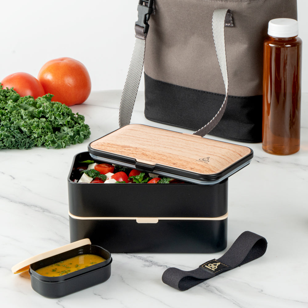 Bento Tek 41oz Wood Grain & Black Buddha Lunch Box with Utensils & Sauce Cup - 7.25