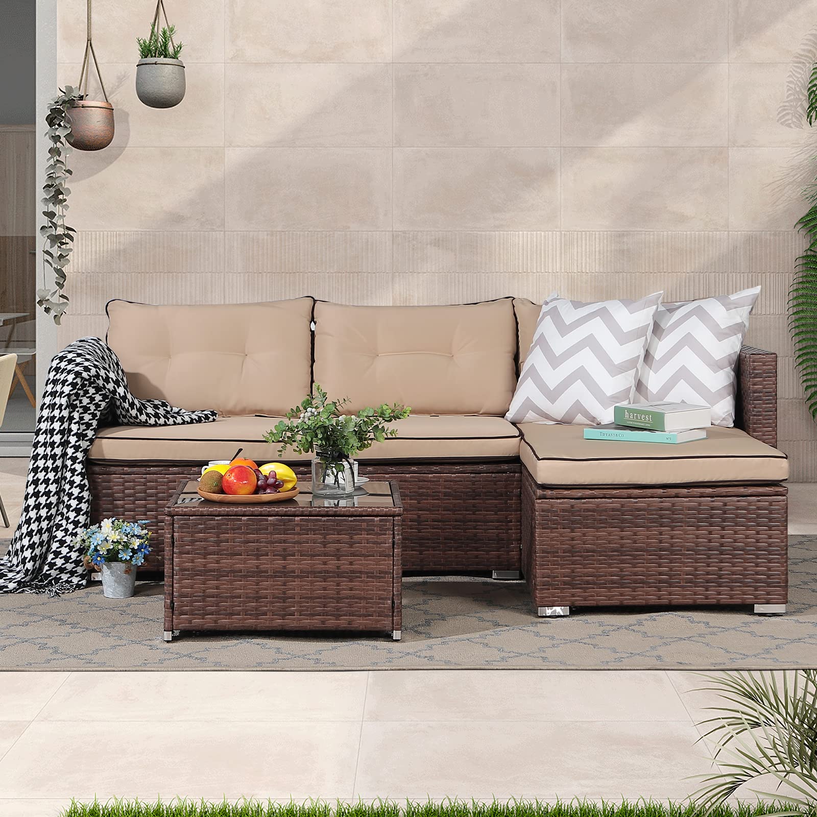 OC Orange-Casual 3-Piece All-Weather Outdoor Patio Furniture Set - Wicker Sectional Sofa with Glass Coffee Table, Brown Rattan & Beige Cushions for Deck, Balcony, Porch, Backyard & Garden Relaxation