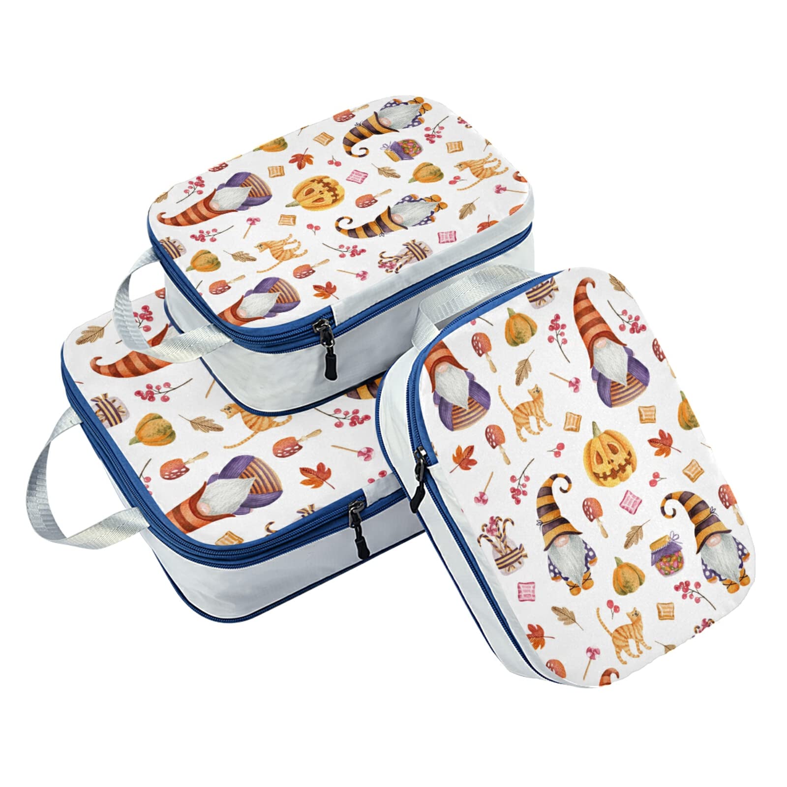 Expandable Adjustable Ultralight Luggage Packing Bags - 3 Piece Set of Compressible Travel Organizer Cubes for Suitcase | Halloween Watercolor Gnomes, Pumpkins & Leaves Design | Perfect for Air Travel, Weekend Getaways & Business Trips