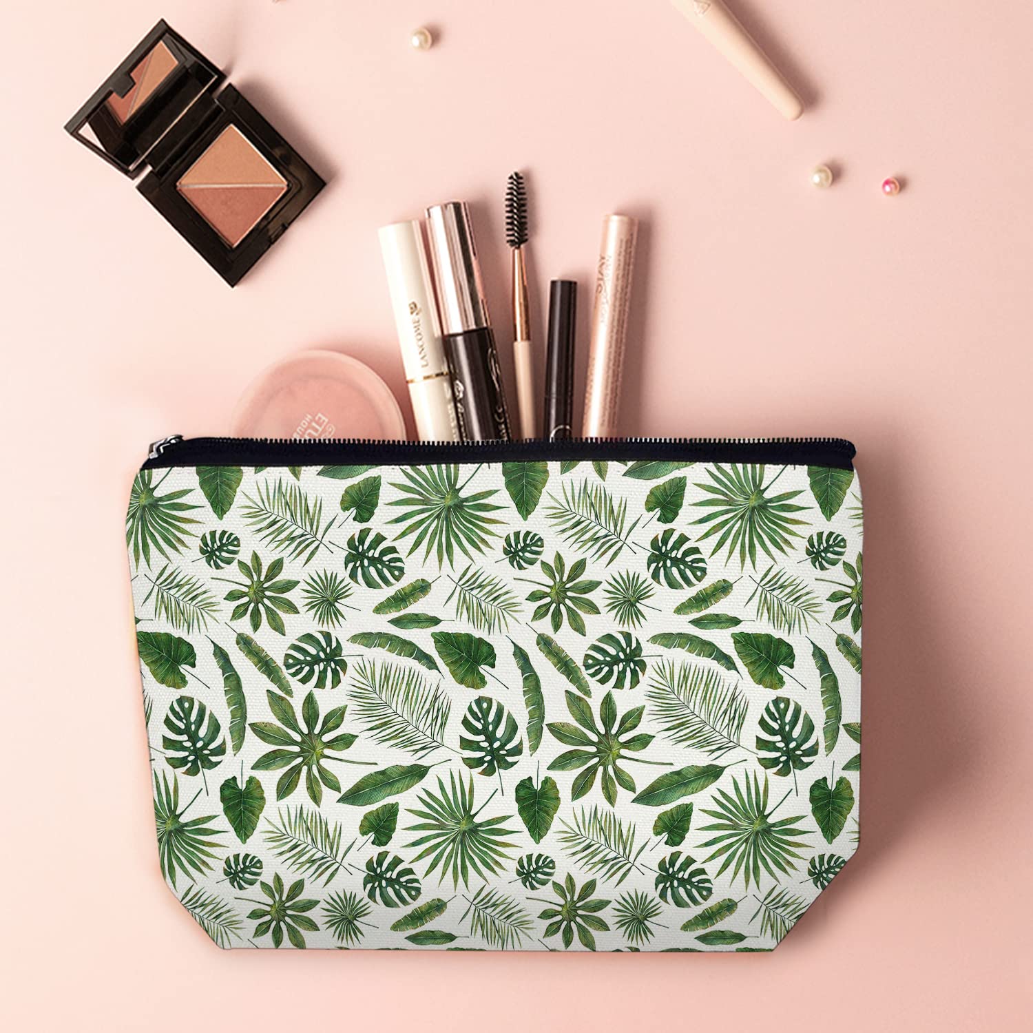 Large Makeup Travel Bag for Women - 10x7 inch Waterproof Cosmetic Organizer Pouch with Broadleaf Coniferous Pattern, Portable Toiletry Bag for Makeup Brushes & Skincare Products | Perfect for Travel, Gym & Daily Use