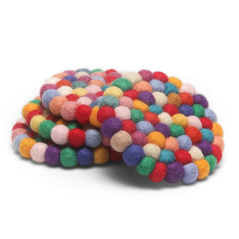 Handmade Wool Felt Ball Coasters Set of 4 - Non-Slip Round Pom Pom Drink Coasters for Hot & Cold Beverages - Perfect Housewarming Gift, Dining Table Decor, Tea Cup & Coffee Mug Mats - Great for Parties, Home Decor & Office Use