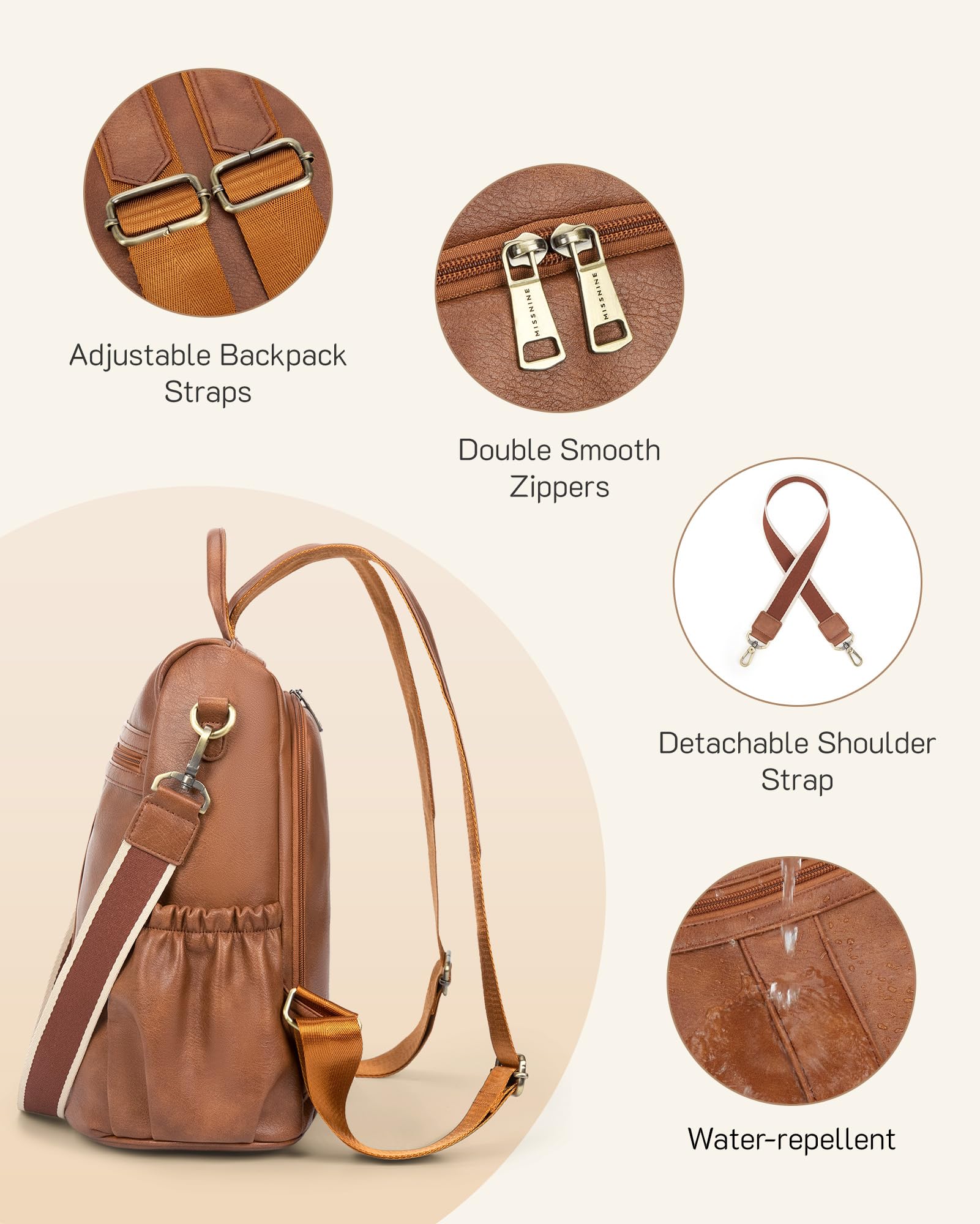 Missnine Women's PU Leather Anti-Theft Backpack Purse - Convertible Shoulder Bag & Satchel for Travel, Work & Daily Use - Stylish Brown Handbag for Commuting, Business Trips & College Campus Life