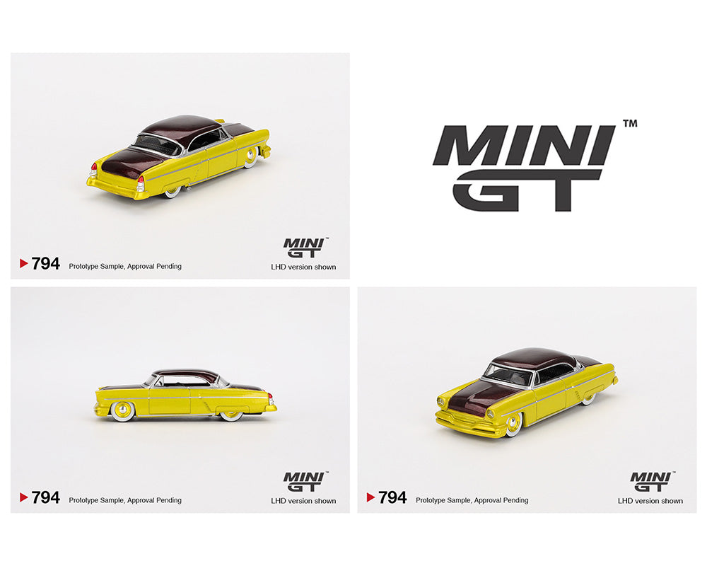 MINI GT 1:64 Scale Lincoln Capri Custom Hot Rod Diecast Model Car - 1954 Lime Yellow Vintage Collectible for Display, Gifts & Racing Scenes