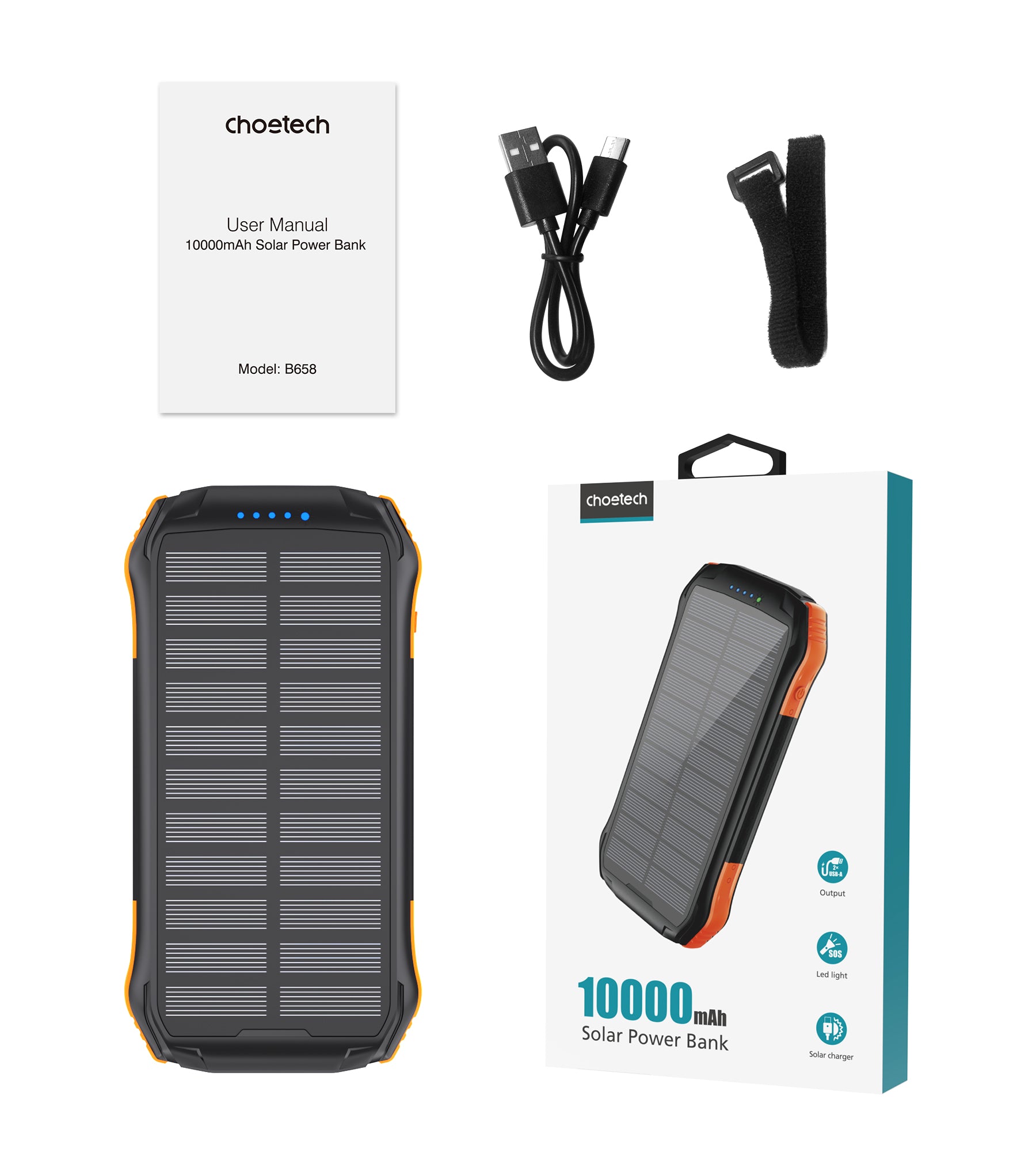 Choetech B658 10,000mAh Solar Portable Charger - Waterproof Outdoor Power Bank for Camping, Hiking & Emergency Backup