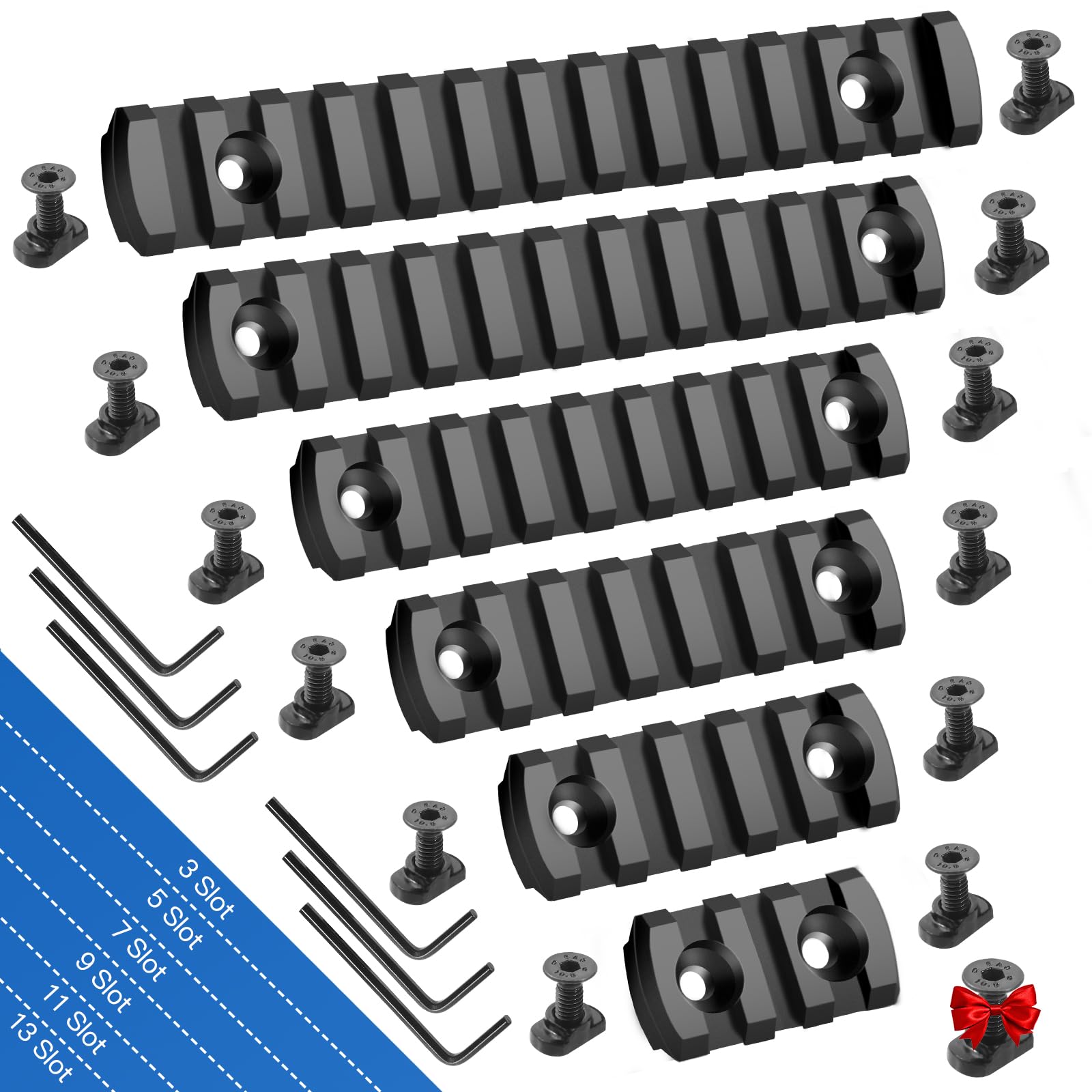 Single Picatinny Polymer Accessory Rail Set for 3 5 7 9 11 13 Slots with 13 T-Nuts & Screws - Lightweight Rounded Corner Design - Includes 6 Allen Wrench - Perfect for Rifle Scopes, Lasers & Tactical Gear Mounting