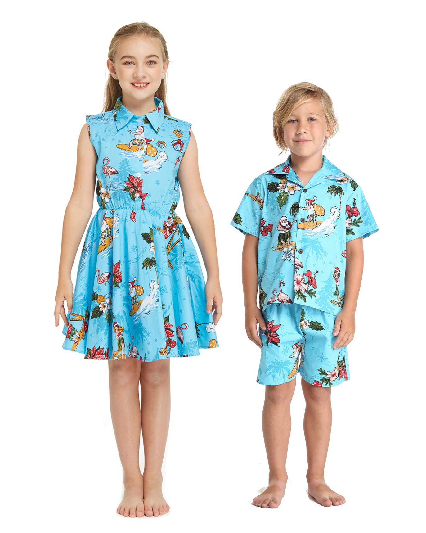 Hawaiian Luau Matching Siblings Outfit - Girl's Shirt Dress & Boy's Shirt - Santa in Hawaii Theme - Perfect for Family Vacations, Beach Parties, and Holiday Photos