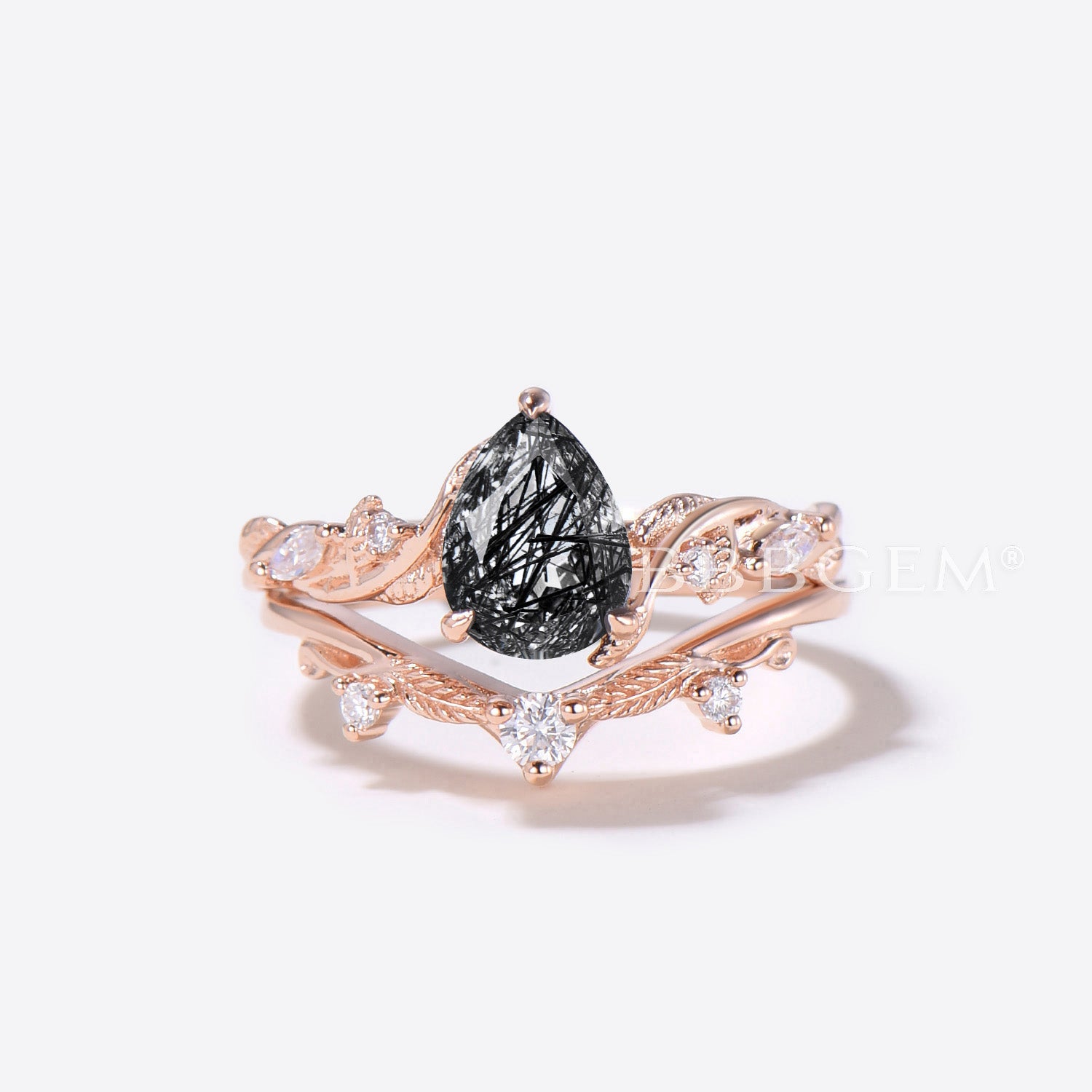 Elegant Teardrop Black Rutilated Quartz Engagement Ring - Leaf Branch Design Wedding Band for Women | Perfect for Proposals, Anniversaries & Romantic Occasions