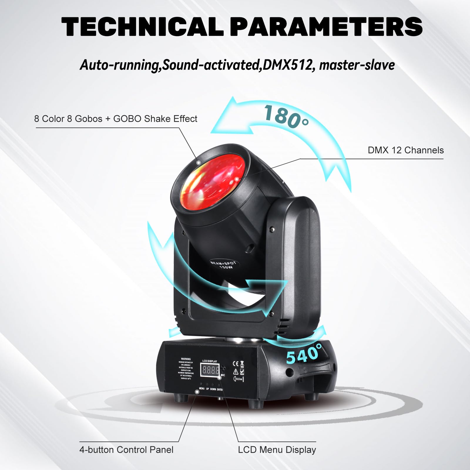 150W LED Moving Head Light - Beam, Spot, Wash, GOBO, 18-Face Roto Prism - Super Bright DJ Disco Stage Lighting for Clubs, Concerts & Events (Professional 150W Beam Moving Head)