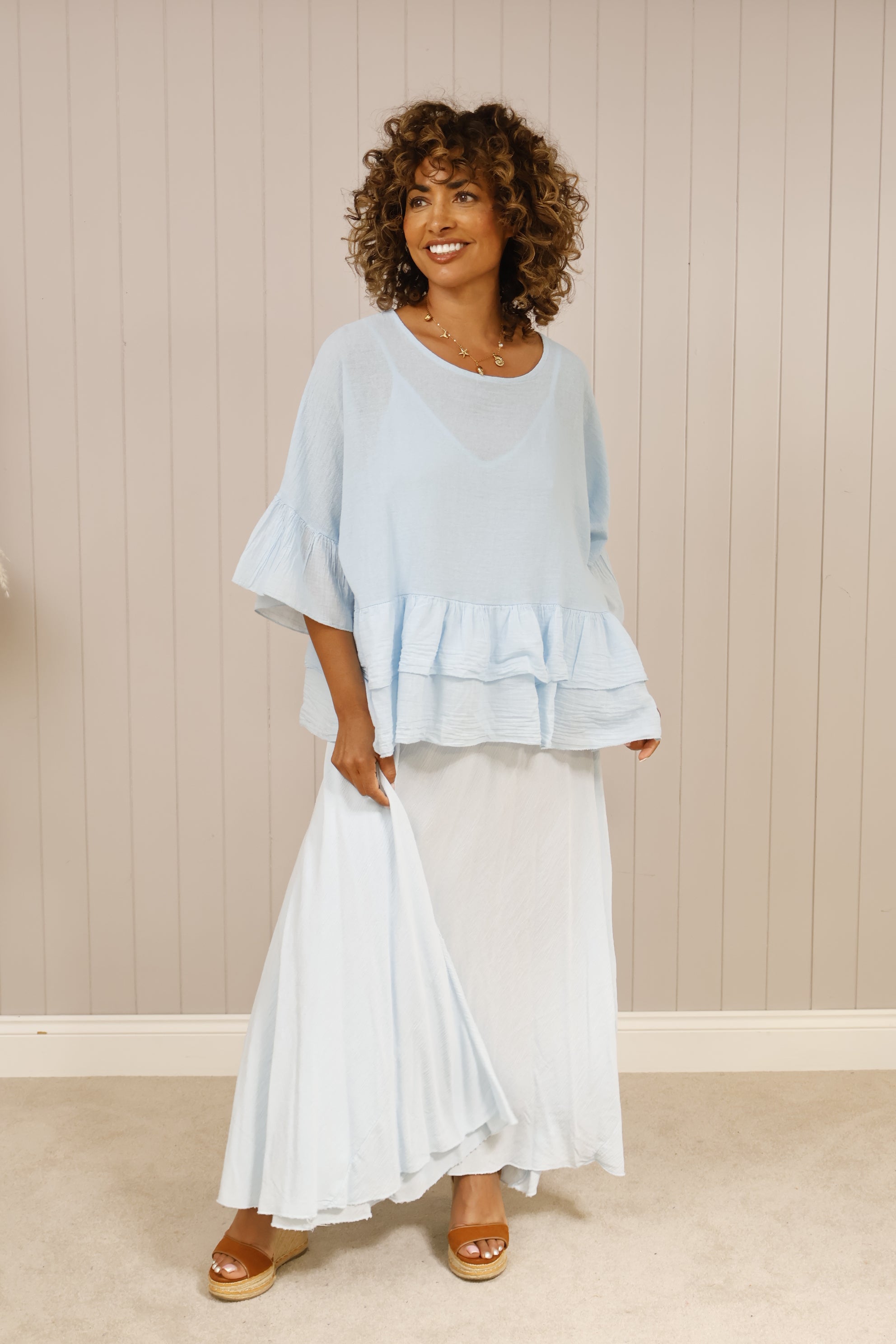 Frankie Frill Top Baby Blue - Elegant Women's Blouse for Casual Wear & Special Occasions | Perfect for Office, Date Night & Summer Outfits