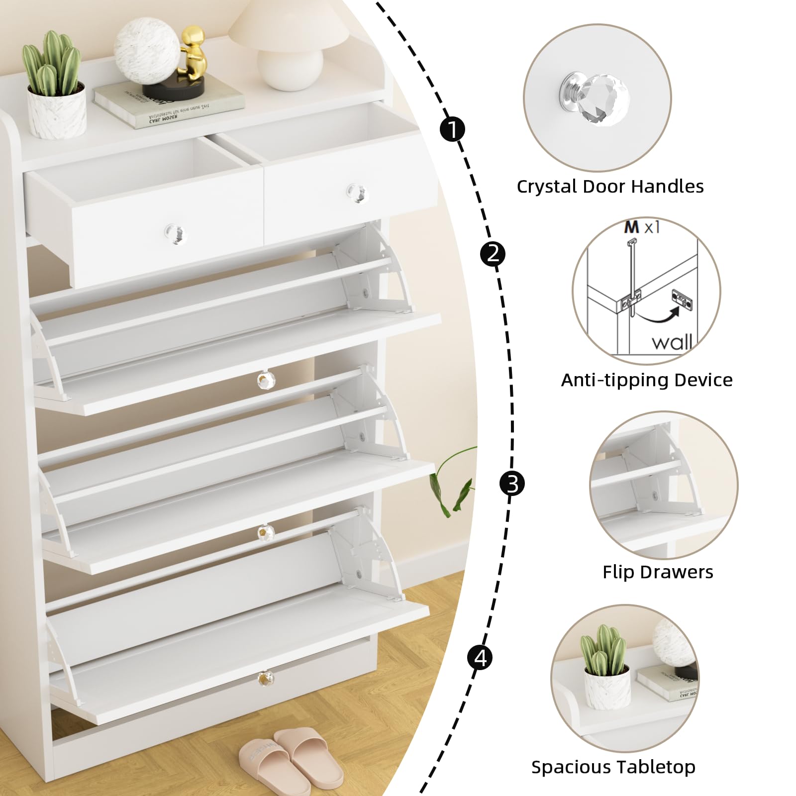 VOWNER 3-Tier Shoe Storage Cabinet with Flip Drawers & Adjustable Shelves - Freestanding Entryway Organizer for Shoes, Boots & Accessories - Perfect for Hallway, Living Room & Closet Organization (White)
